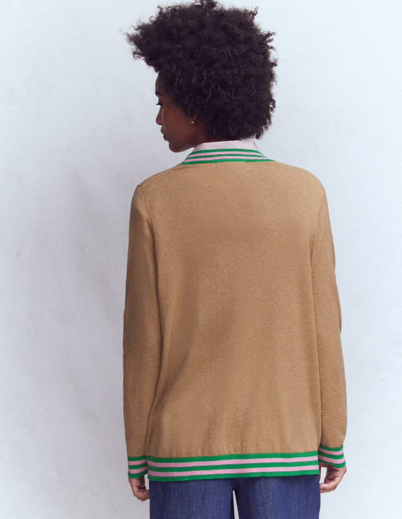 V Neck Longline Cardigan-Camel Melange 4