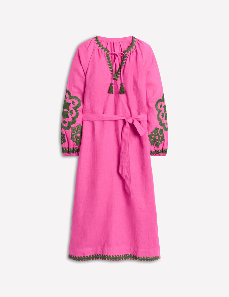 Embroidered Linen Tassel Dress-Sorbet Pink 1