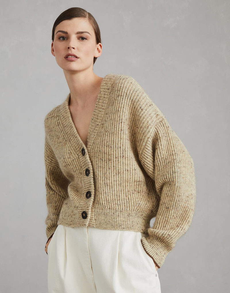 Flecked wool, mohair and linen English rib knit cardigan with monili - 1