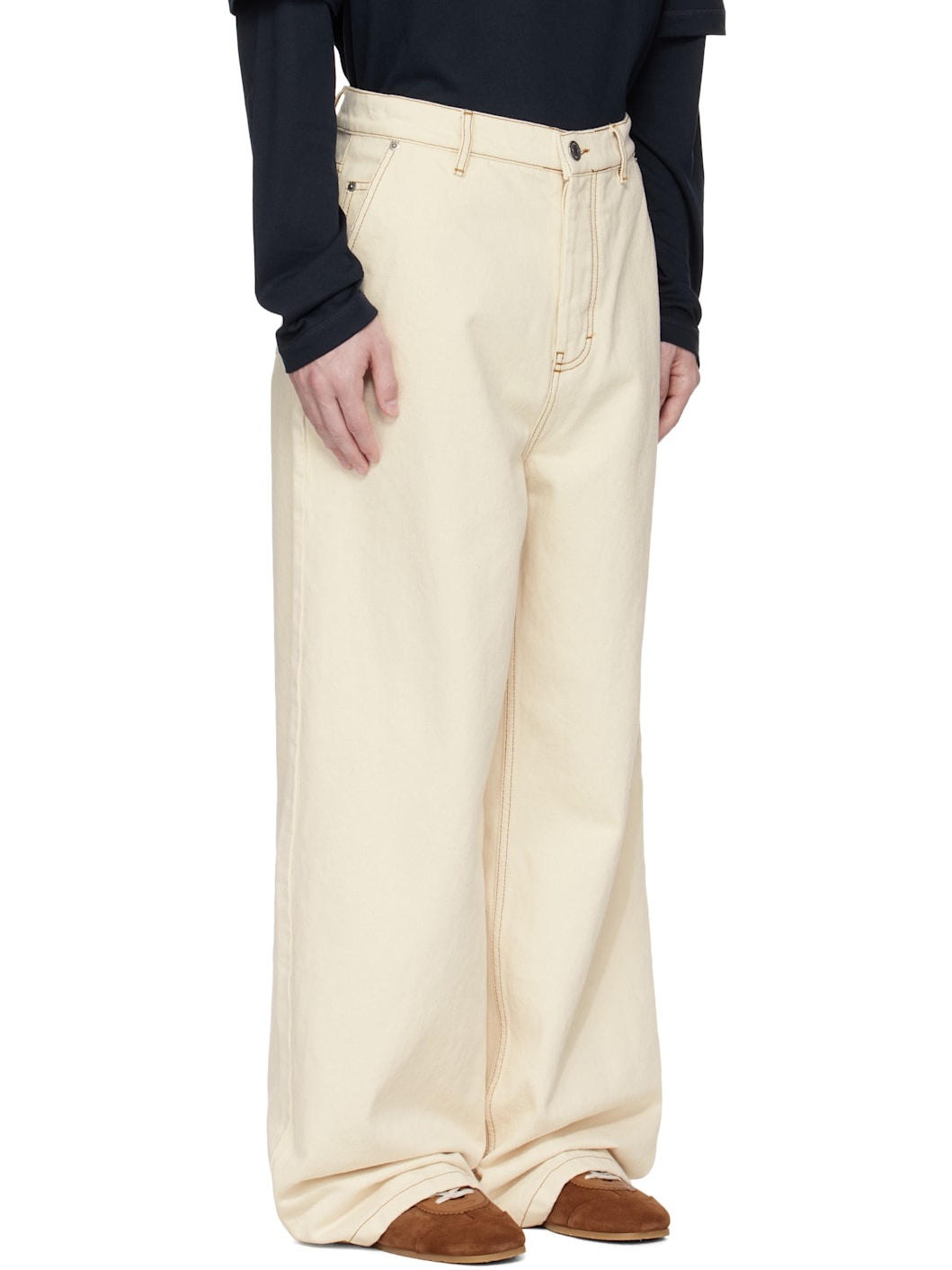 Beige Cotton Wide Fit Jeans - 2