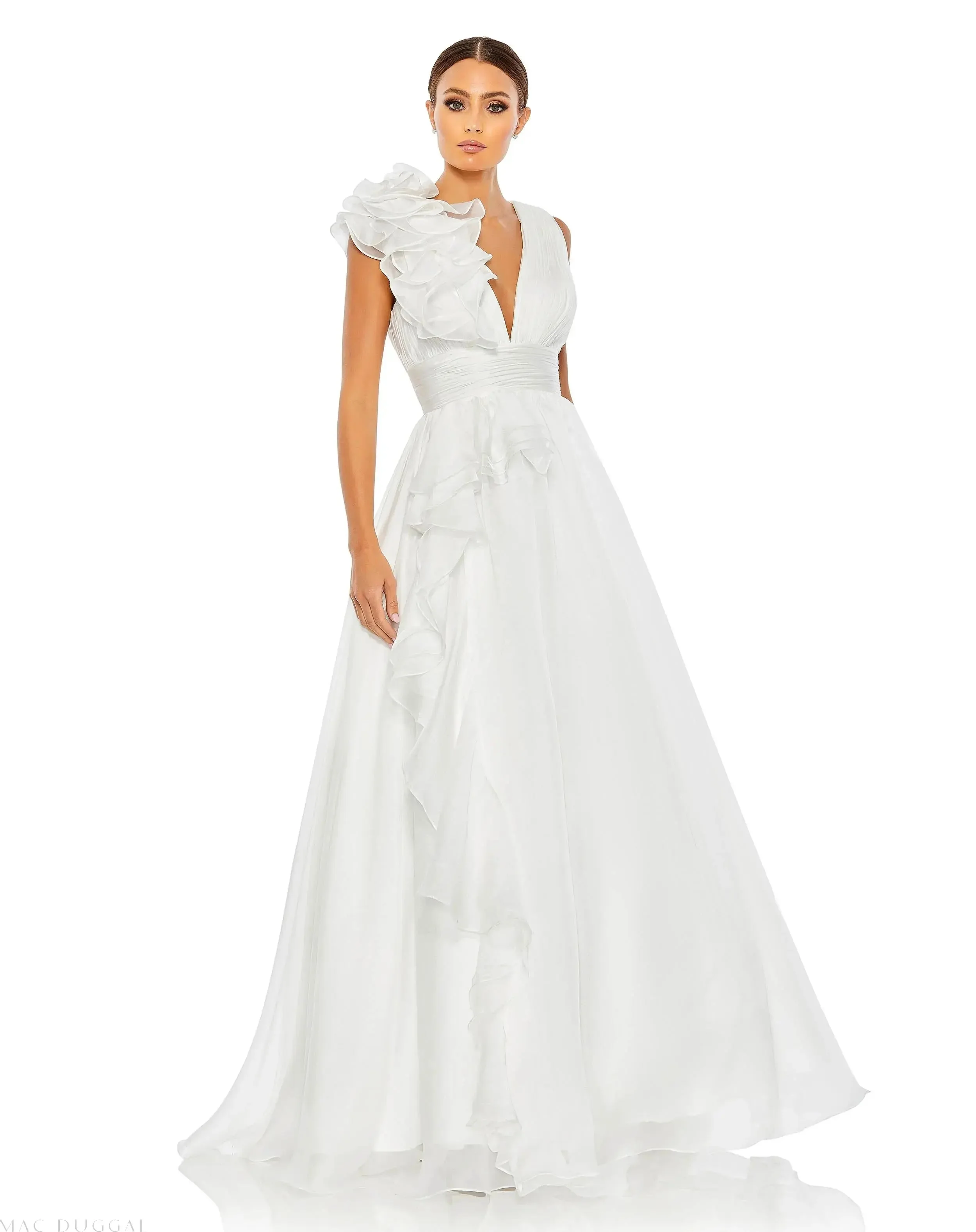 White Ruffle Shoulder V-Neck Chiffon Gown - 1