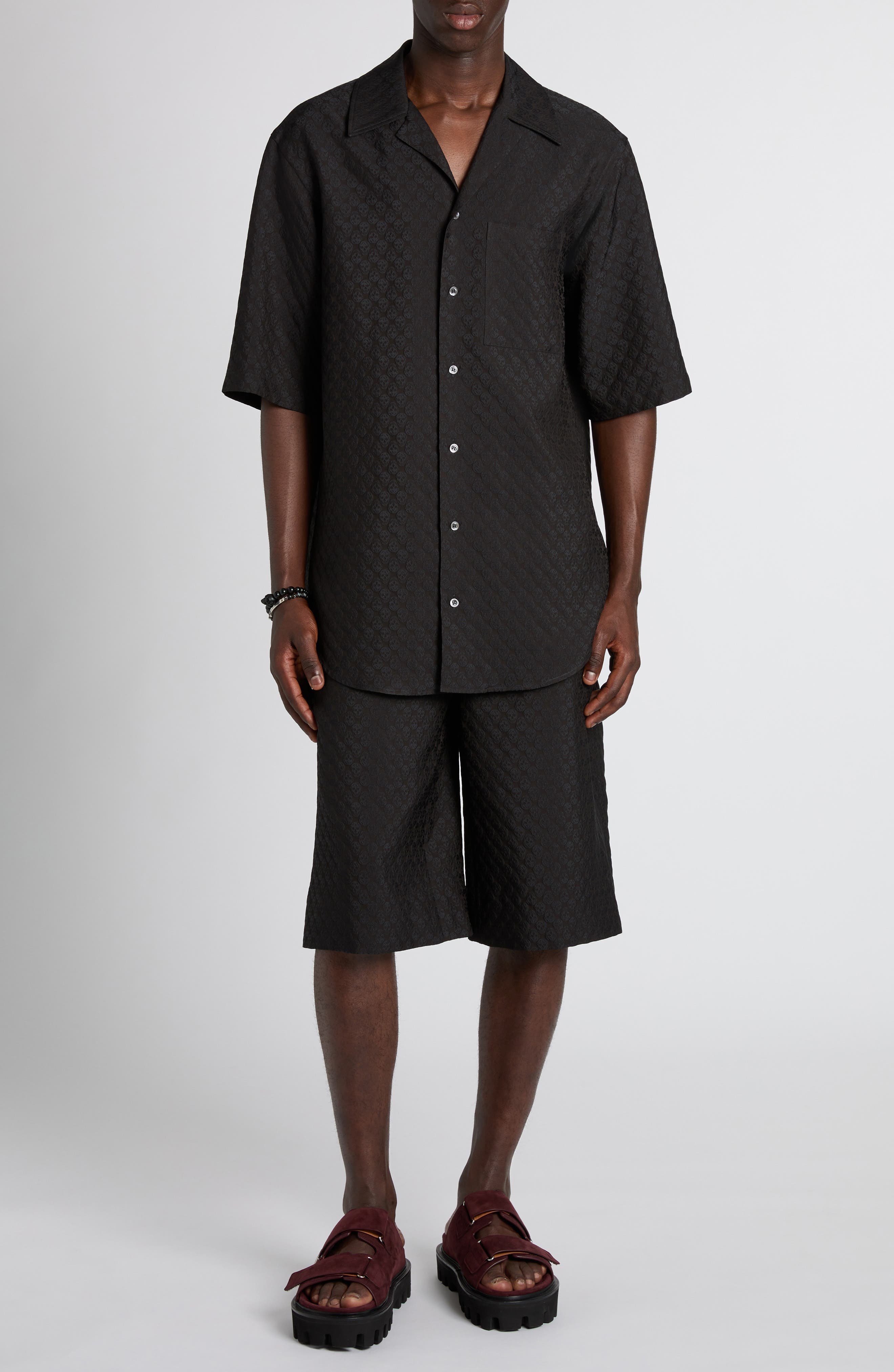 McQueen Skull Jacquard Satin Camp Shirt in Black/Black at Nordstrom - 2