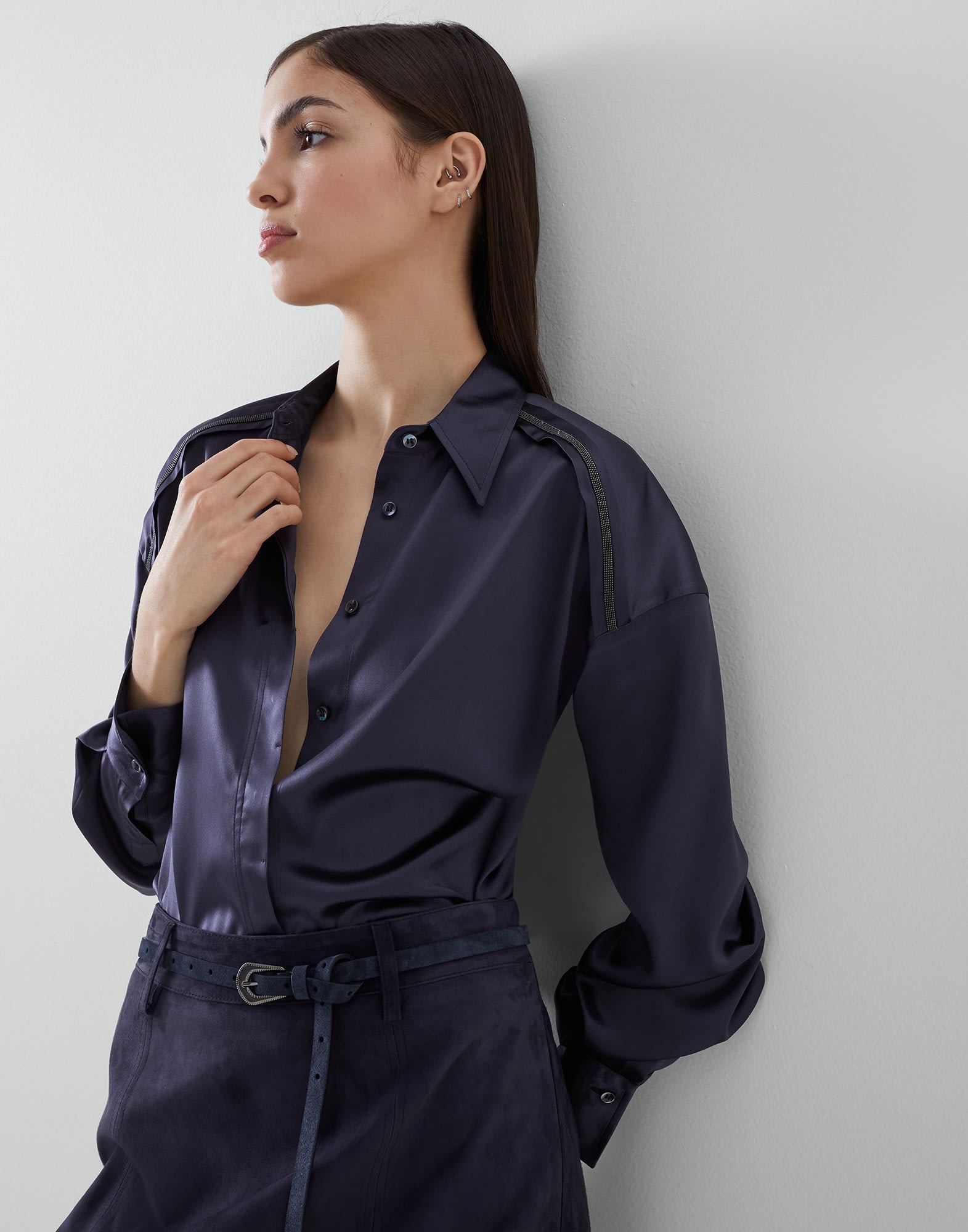 Stretch silk satin shirt with shiny trims - 4