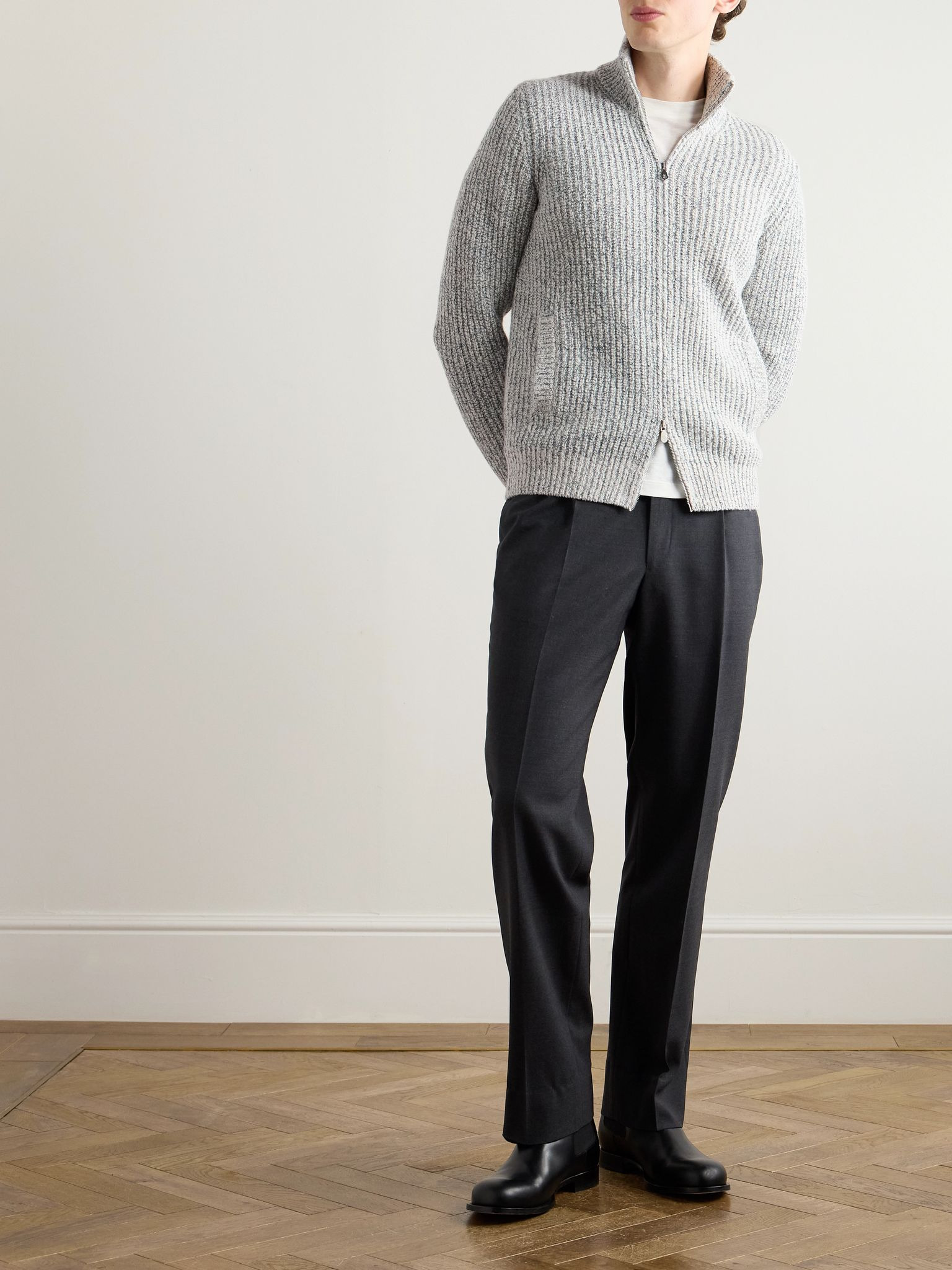 Ribbed Wool, Silk and Cashmere-Blend Zip-Up Cardigan Ecru - 2