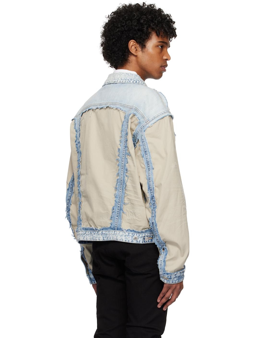 Blue & Beige Super Ripped Mixed Denim Jacket - 3
