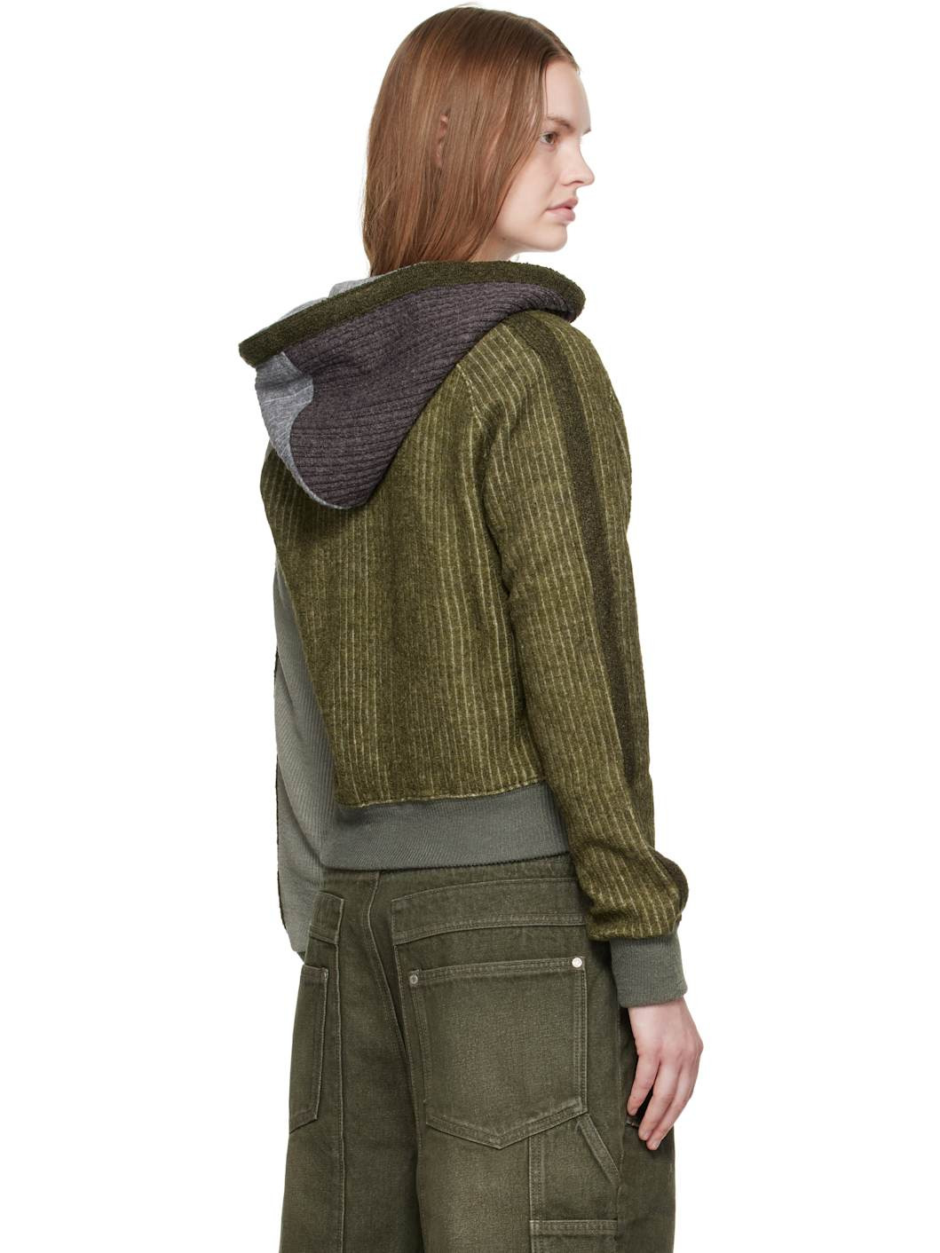Green Color Blocked Knit Zip Hoodie - 3