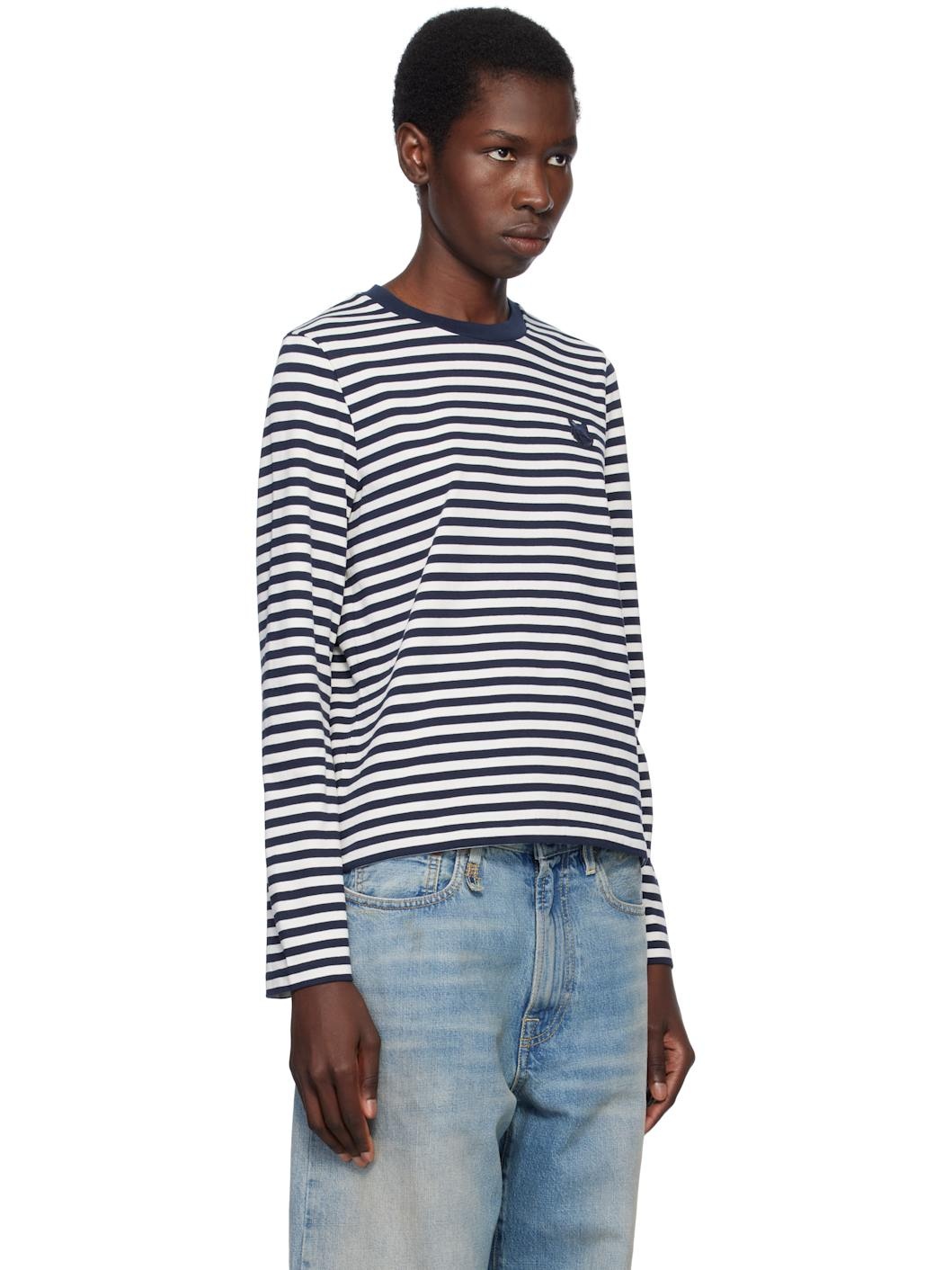 Navy & White Bold Fox Head Patch Multi Stripes T-shirt - 2