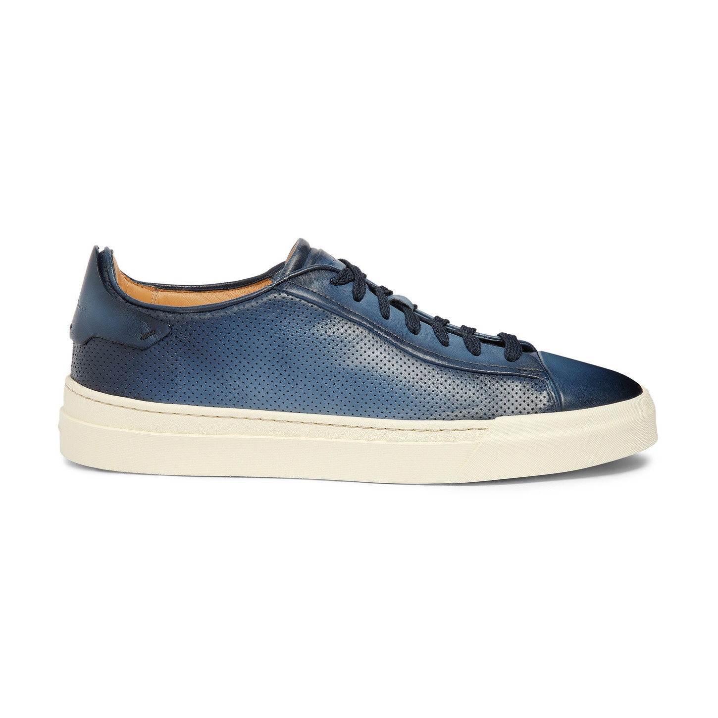 Men's polished blue leather perforated-effect sneaker - 1