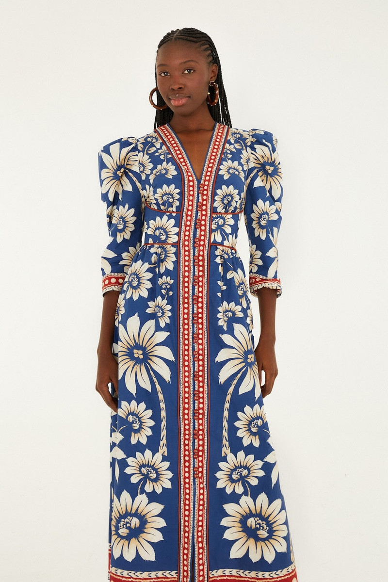 FARM RIO Blue Luna Puff Sleeve Organic Cotton Maxi Dress - 344131