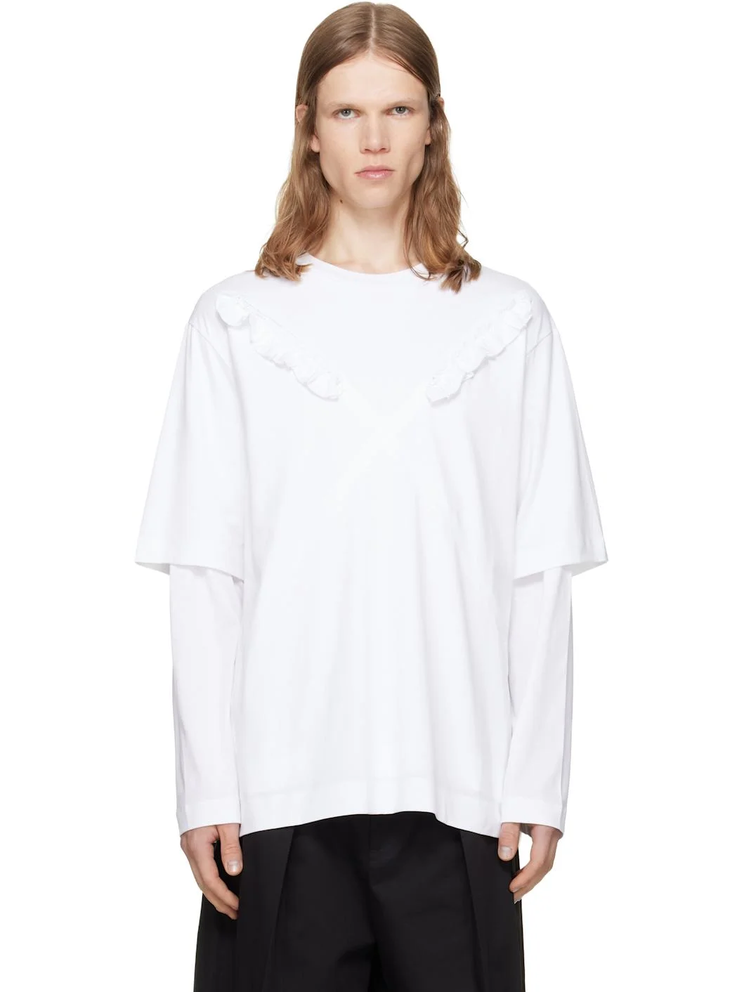 White Ruffle Slash Layered Long Sleeve T-shirt - 1