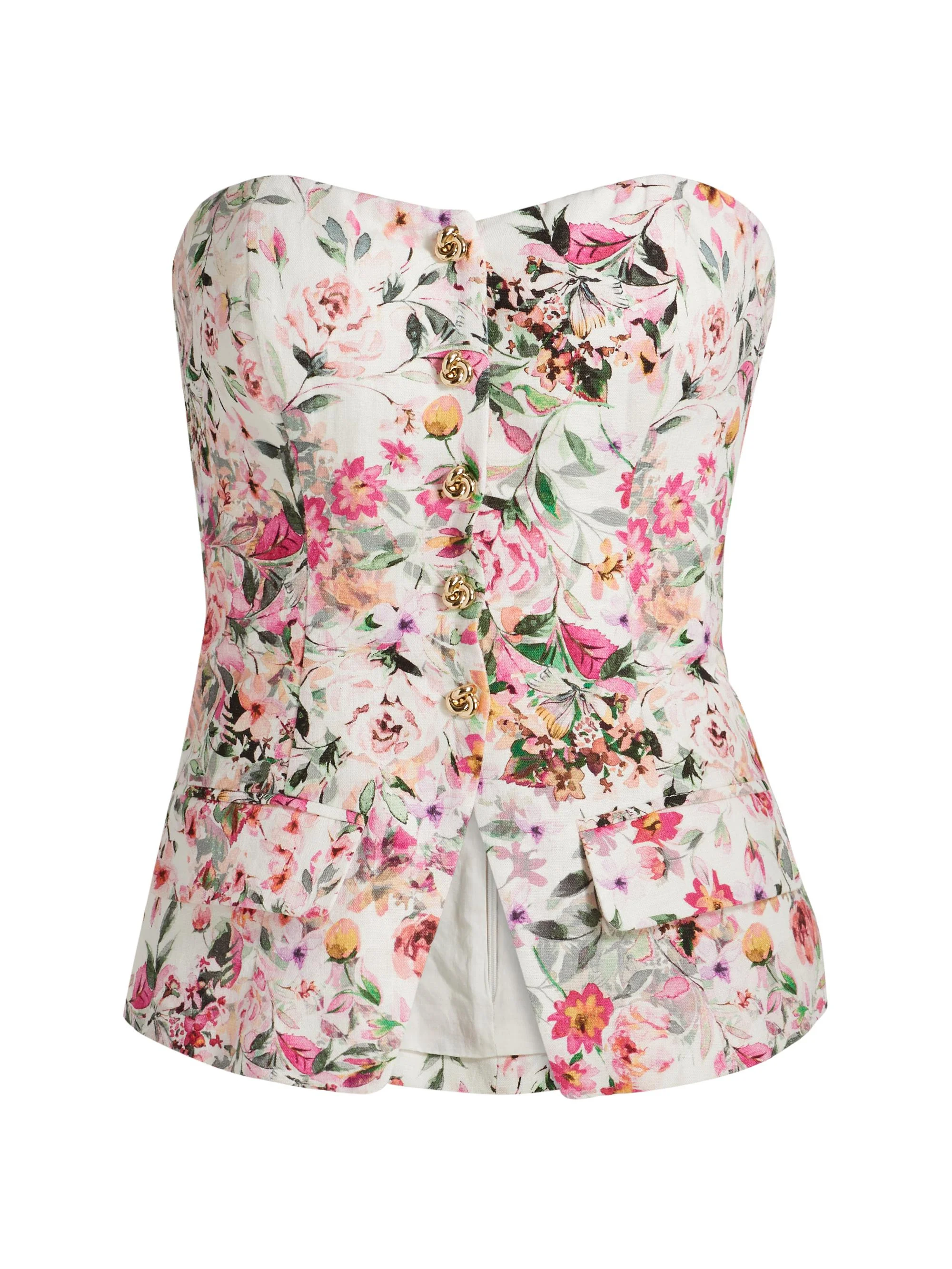 Women's Quinn Floral Linen-Blend Strapless Top - Zesty Floral White Pink - 1
