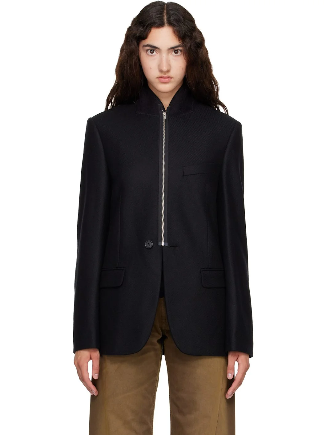 Black Flannel Zip-Front Suit Blazer - 1