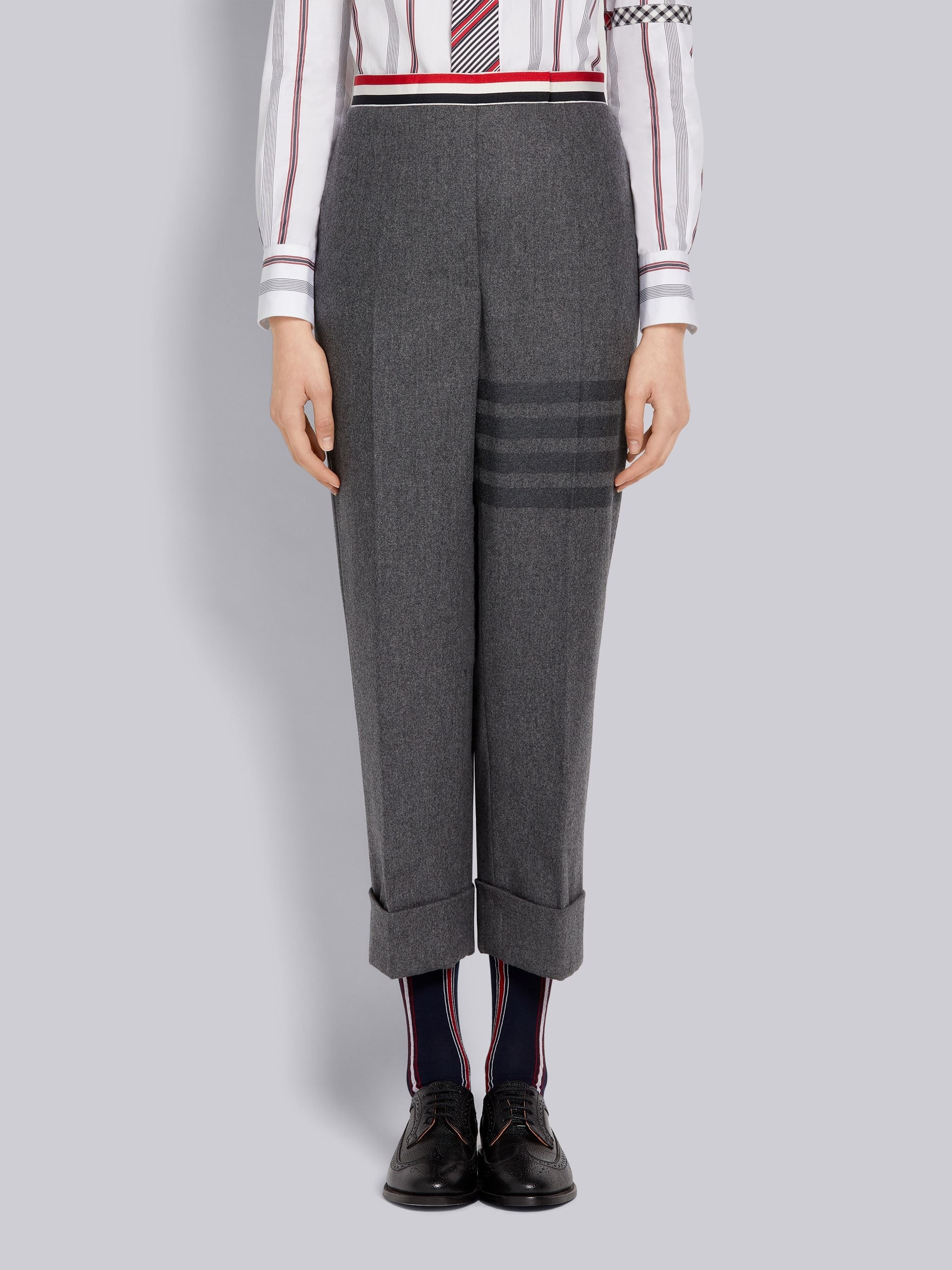Medium Grey Wool Flannel Grosgrain Stripe Waistband Classic Backstrap Trouser - 1