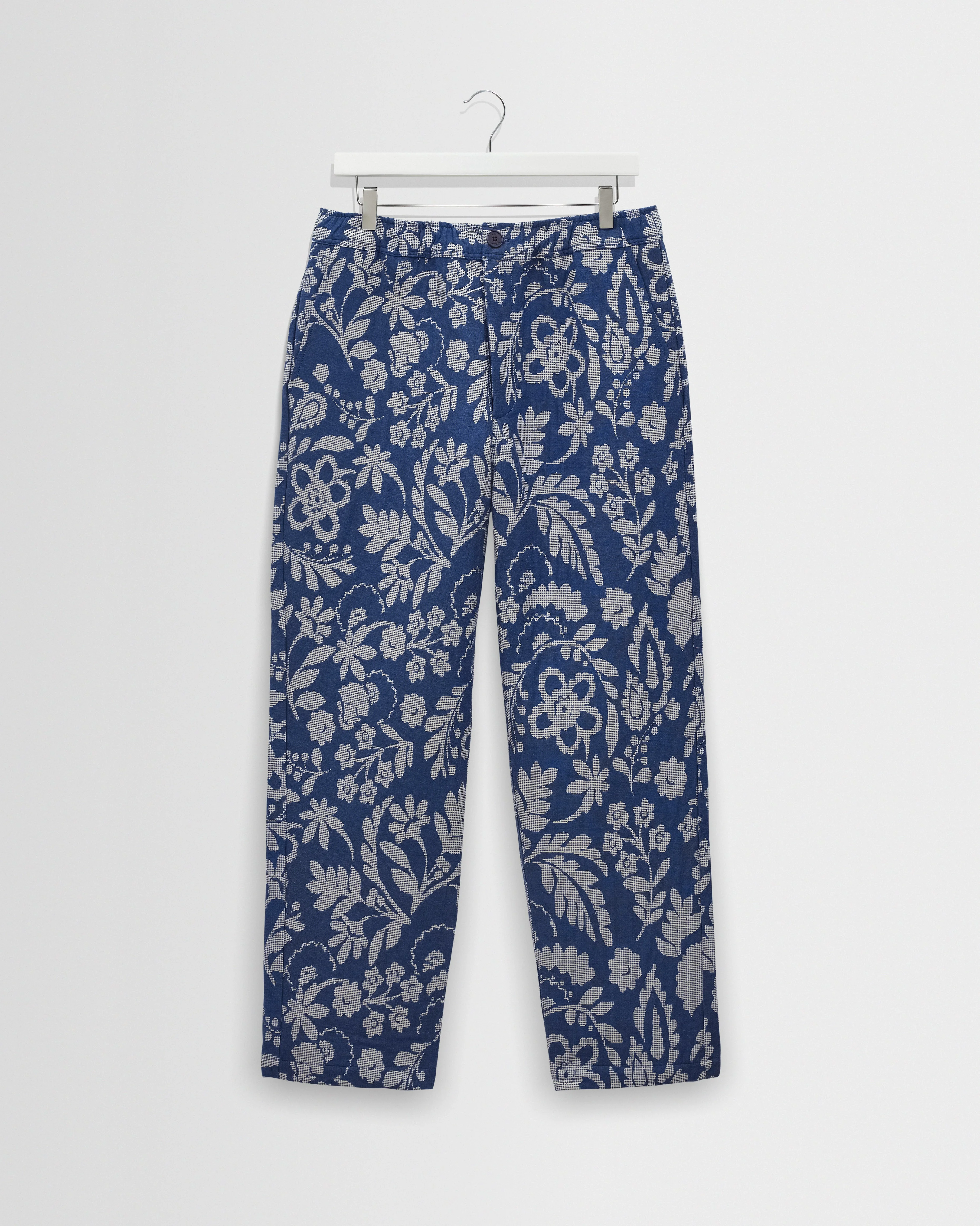 Kurt - Blue And Ecru Floral Jacquard Relaxed Fit Trousers - 1