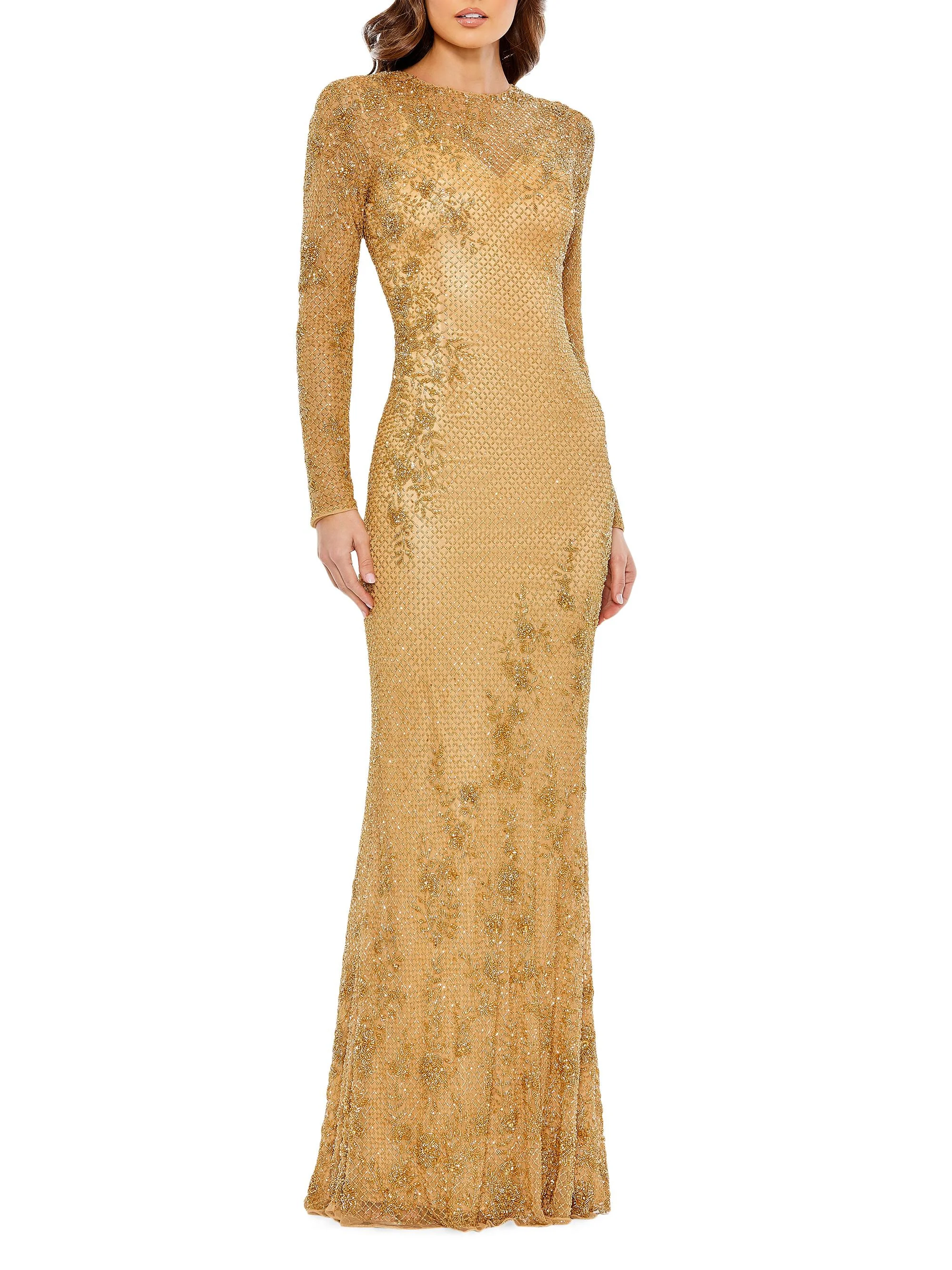 Women's Embellished Long Sleeve Gown - Gold - 1