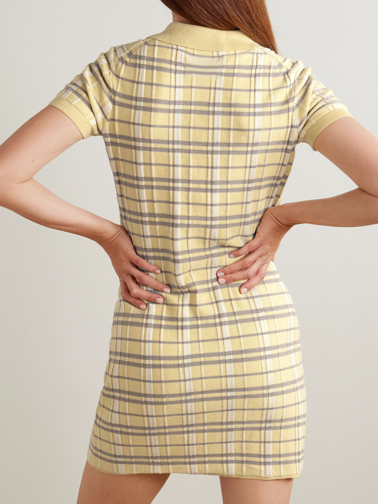 Checked ribbed silk-blend mini dress Yellow - 3