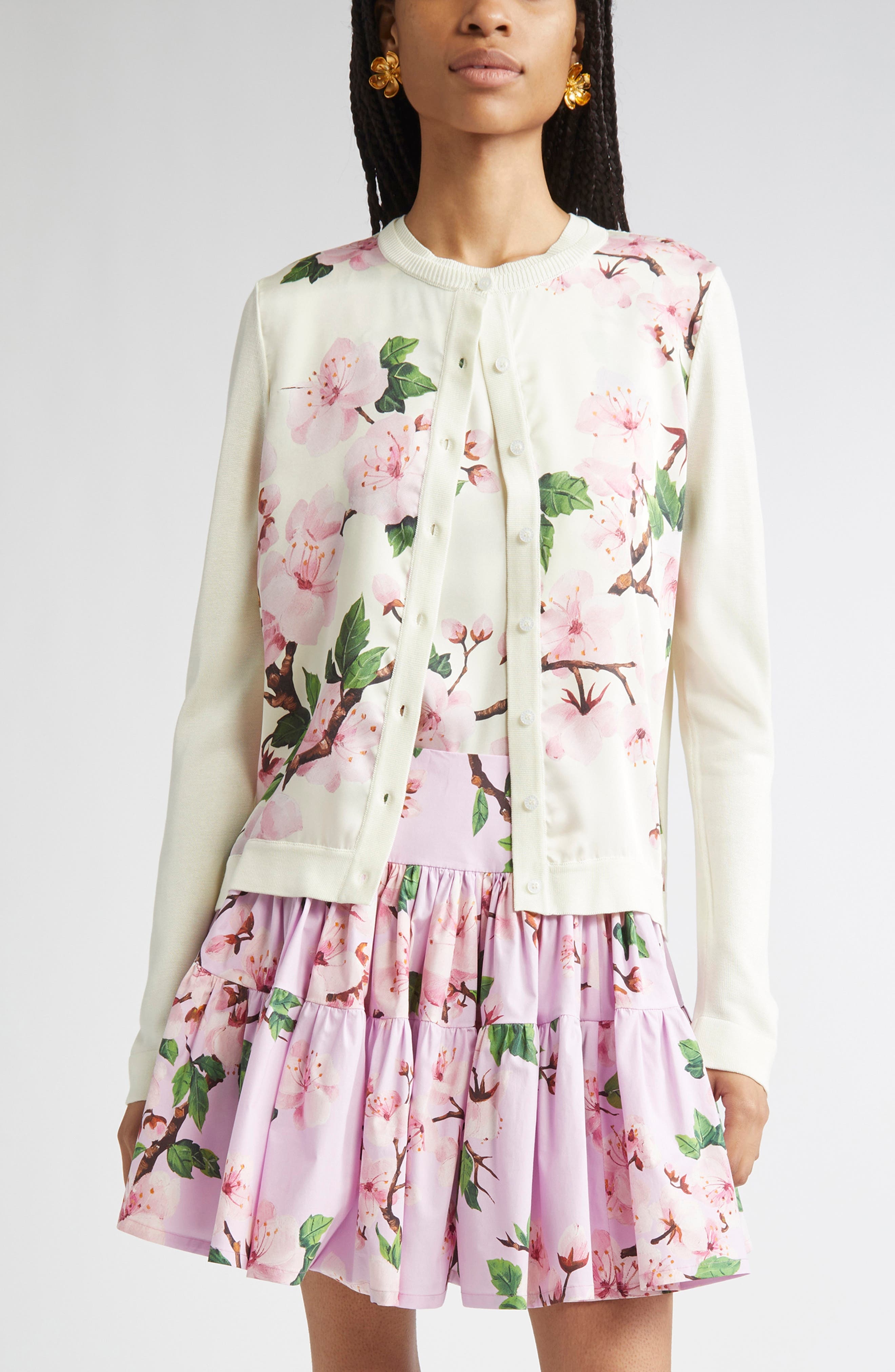 Oscar de la Renta Cherry Blossom Inset Cardigan in Pink/Ecru at Nordstrom - 1