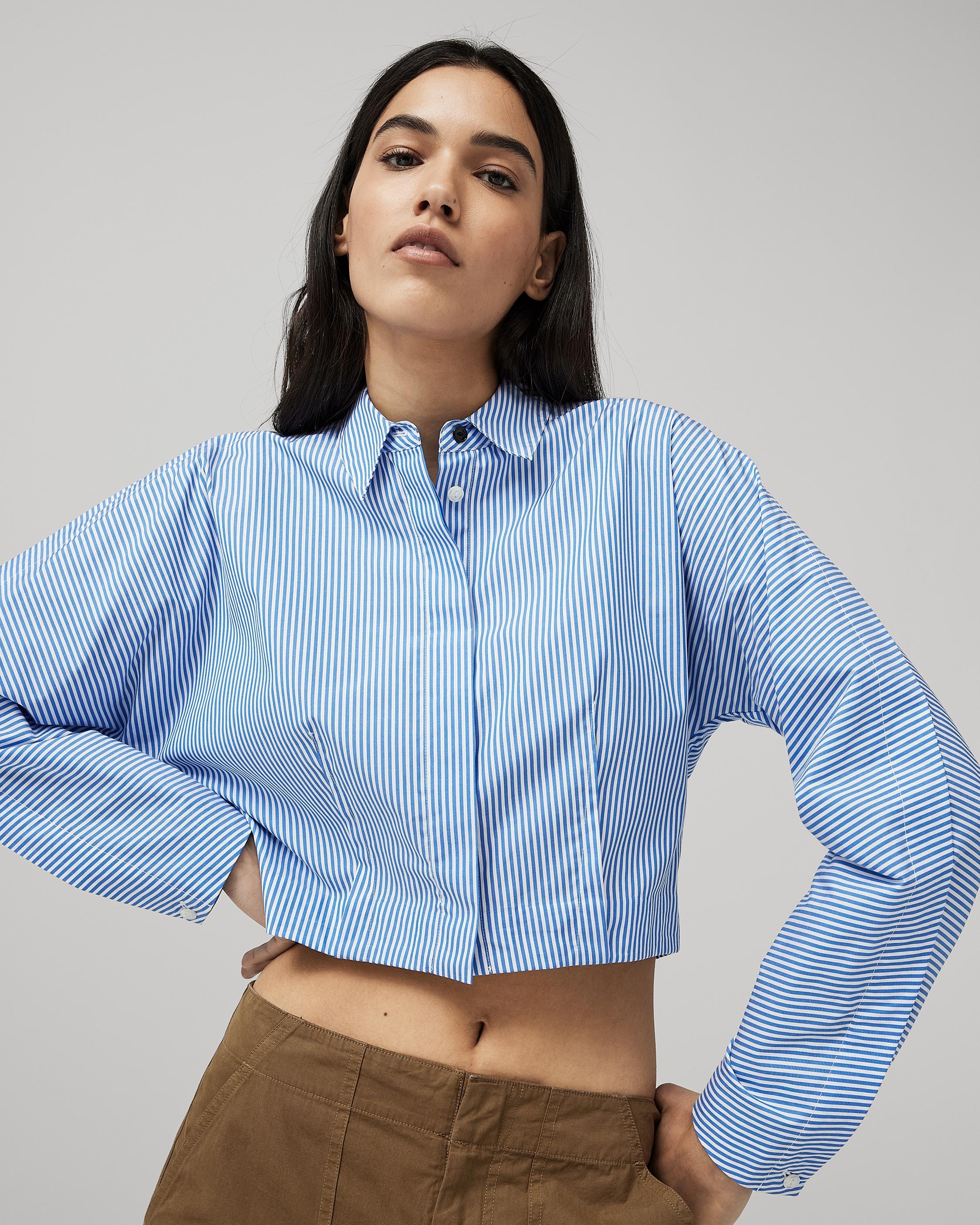 cropped shirt in striped cotton poplin