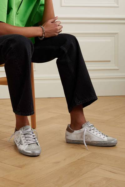 Golden Goose Superstar distressed suede and canvas-trimmed leather sneakers outlook