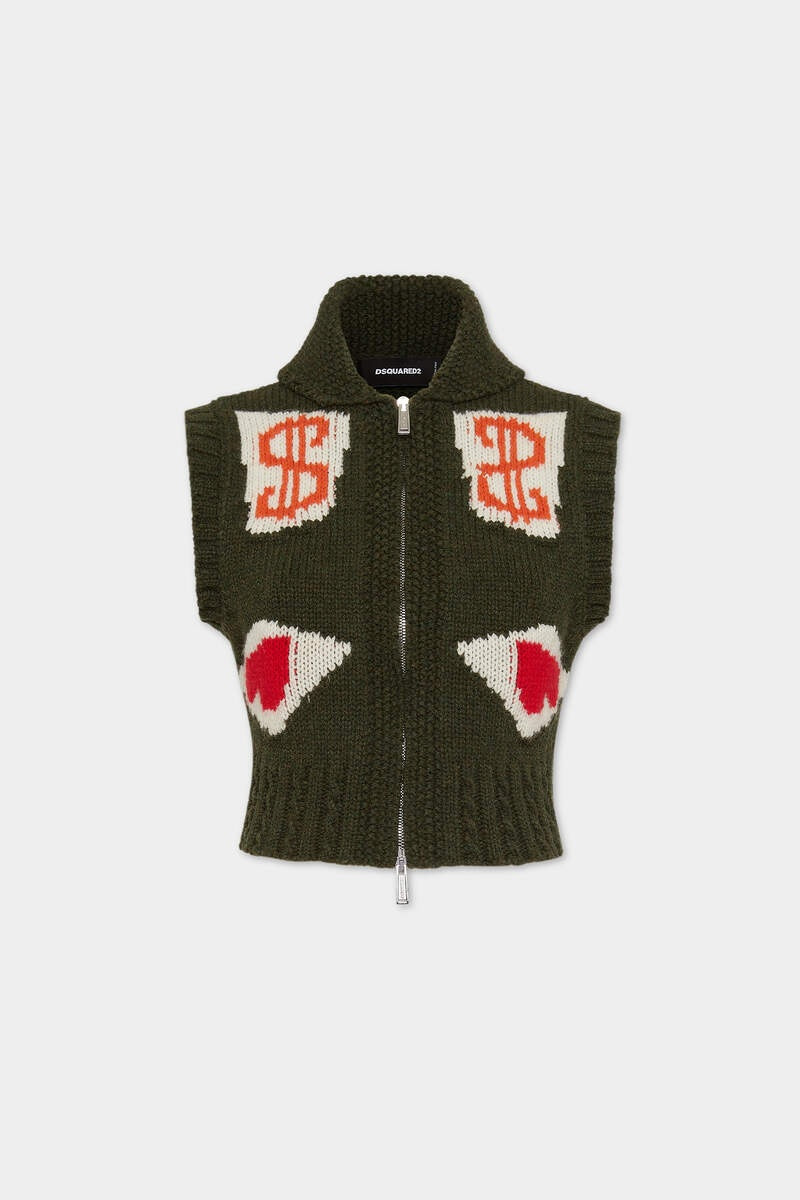 WOOL SHETLAND JACQUARDED POKER CROPPED  KNIT VEST 1