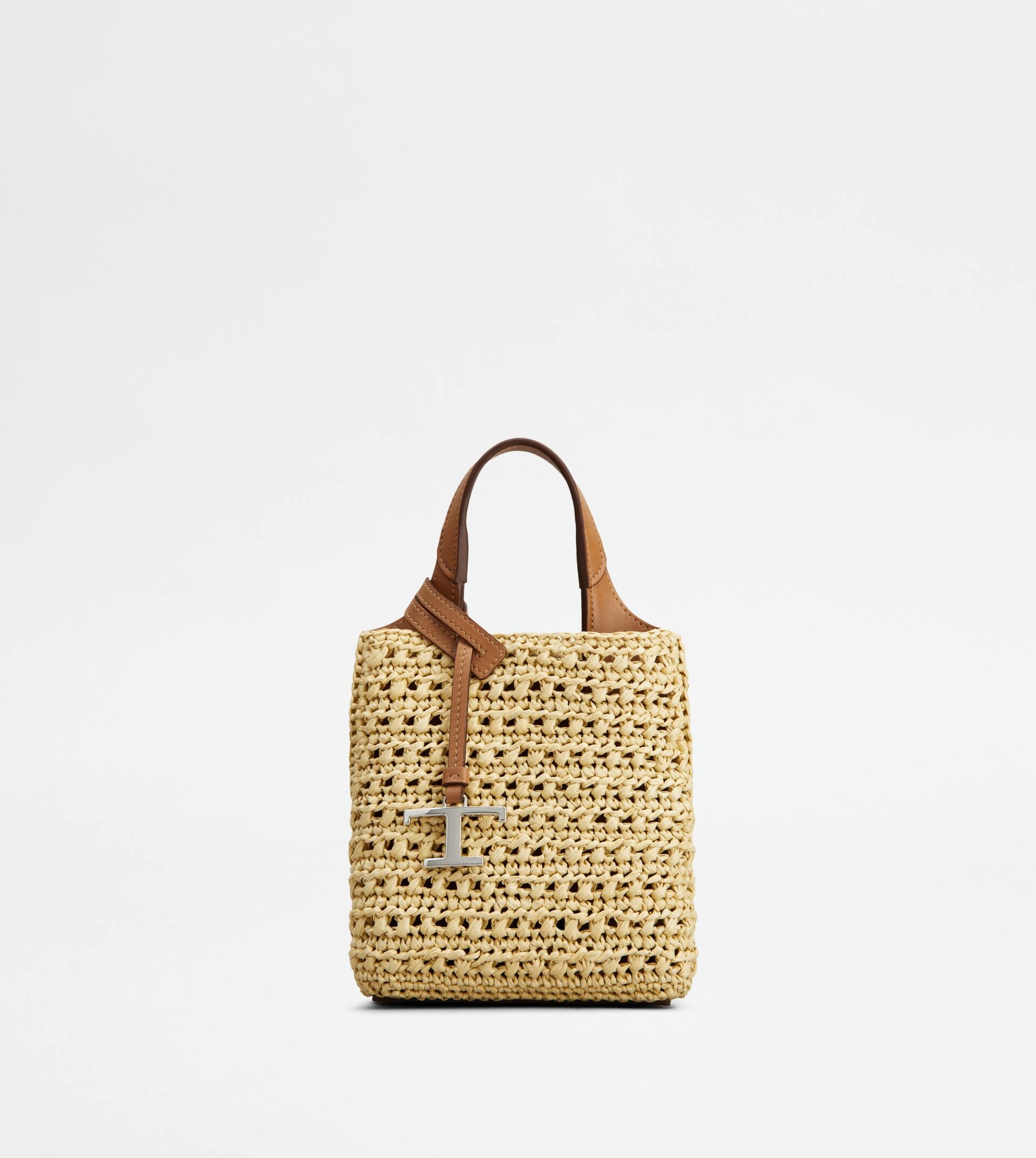 MICRO BAG IN RAFFIA AND LEATHER - BEIGE, BROWN - 1