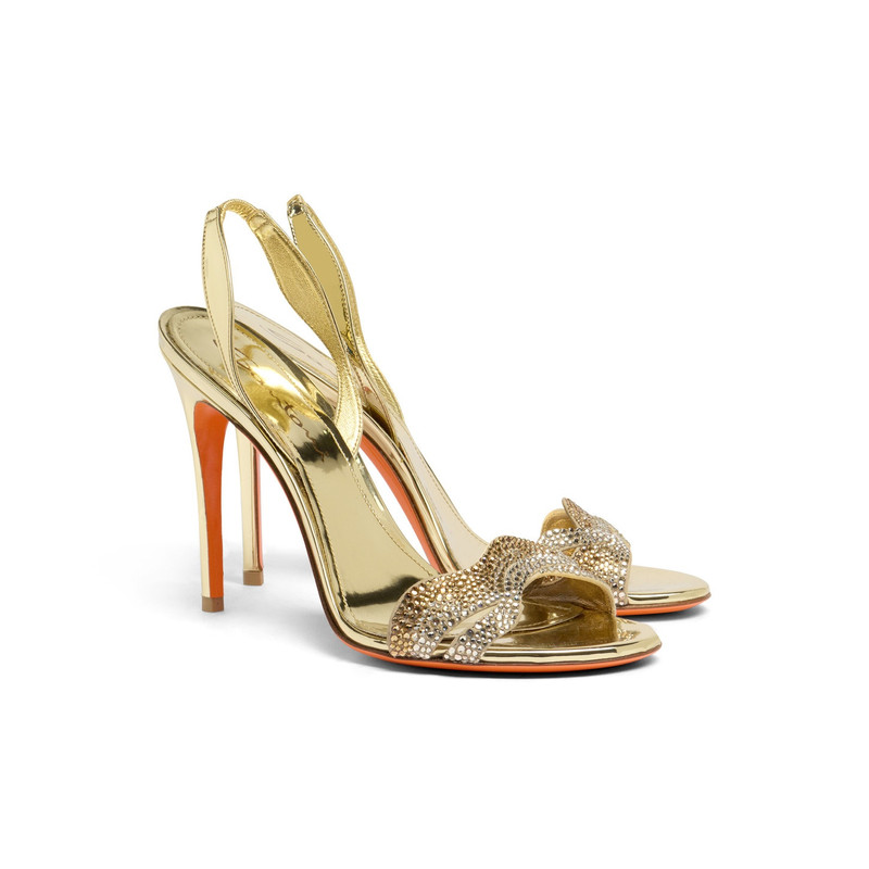 Women's gold laminated leather and crystals high-heel sandal 3