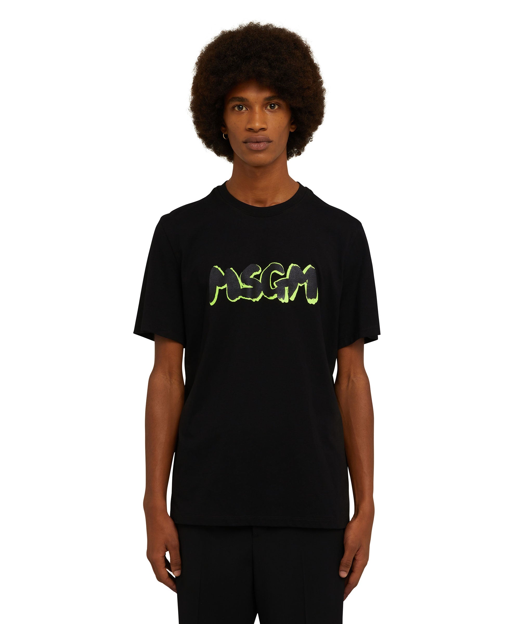 Cotton crewneck t-shirt with new brushed MSGM logo in fluorescent shade - 2