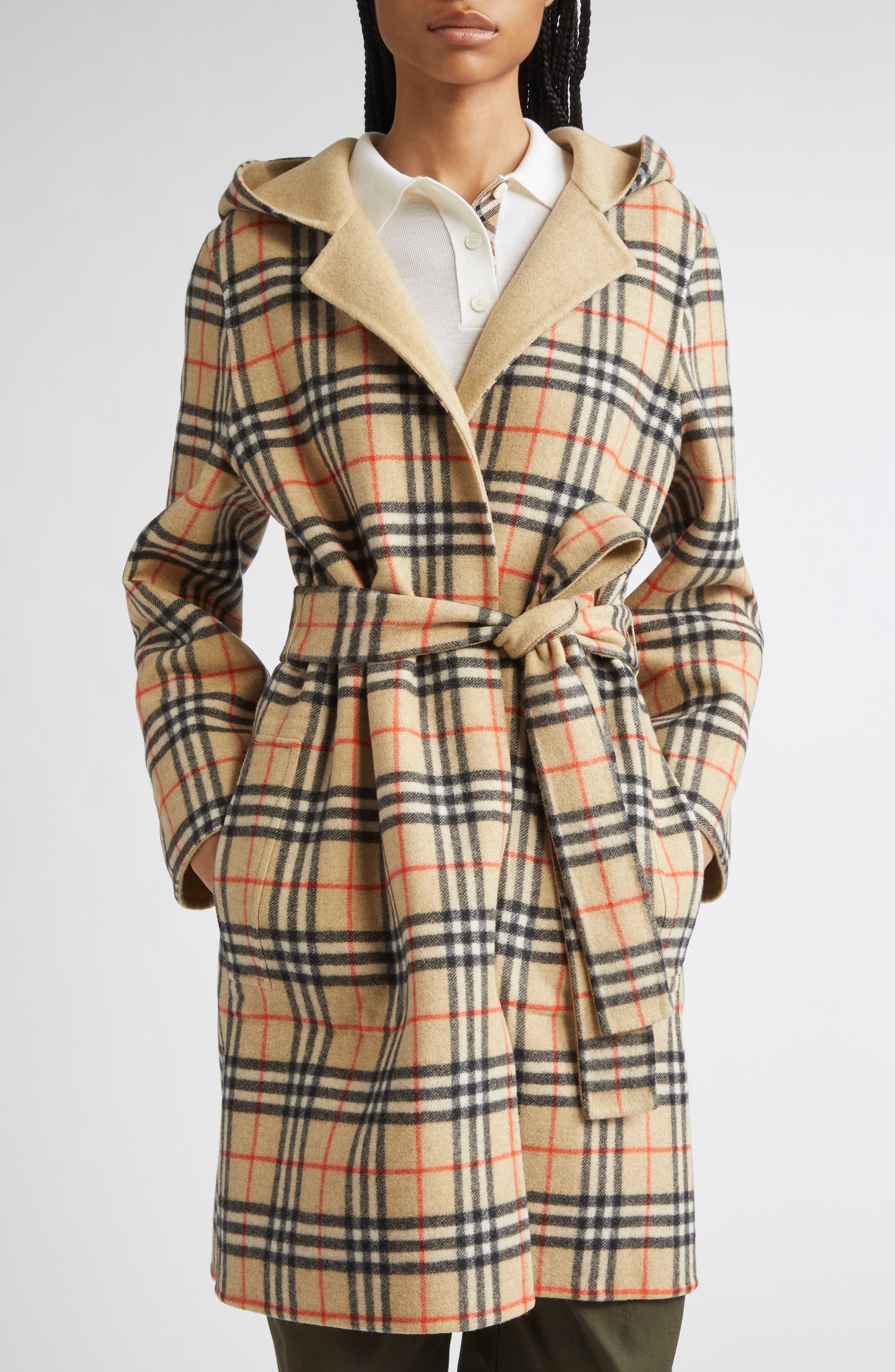 burberry Hampshire Wool Reversible Hooded Coat in Sand Ip Check at Nordstrom - 3