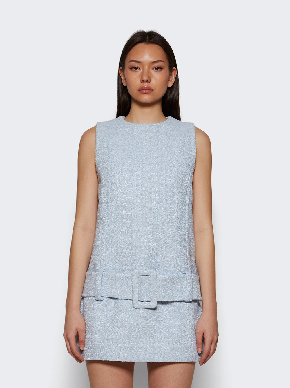 Belted Mini Dress In Lightweight Organic Cotton Tweed Skylight Blue - 2