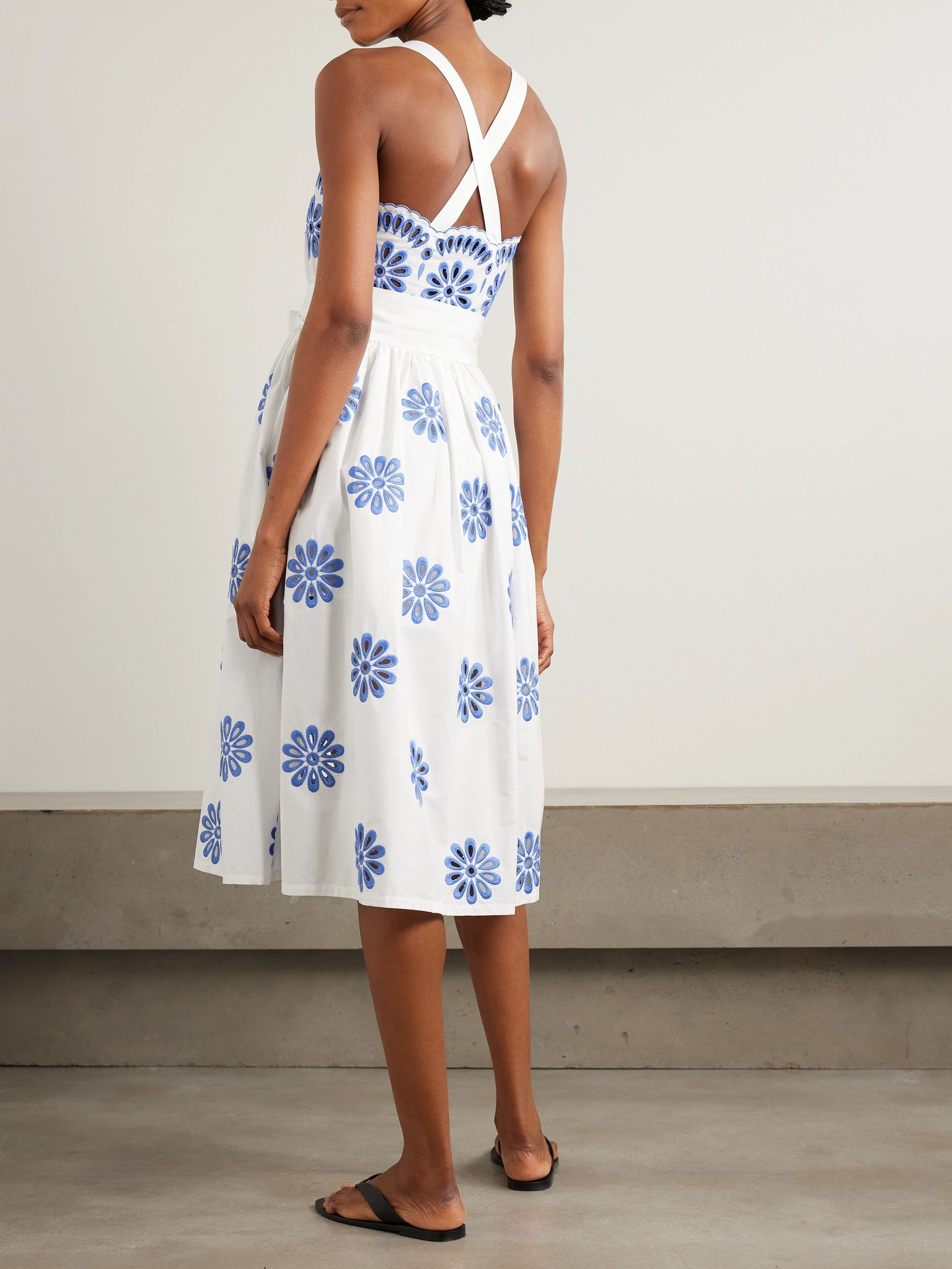 Belted scalloped broderie anglaise cotton midi dress White - 3