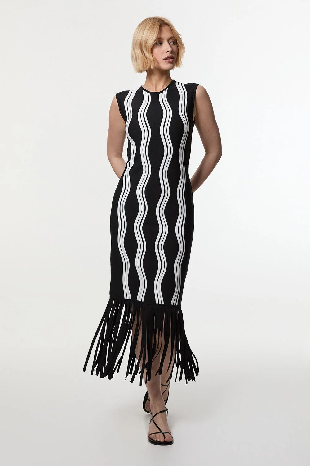 Contrast Wave Knit Dress With Fringing - 1