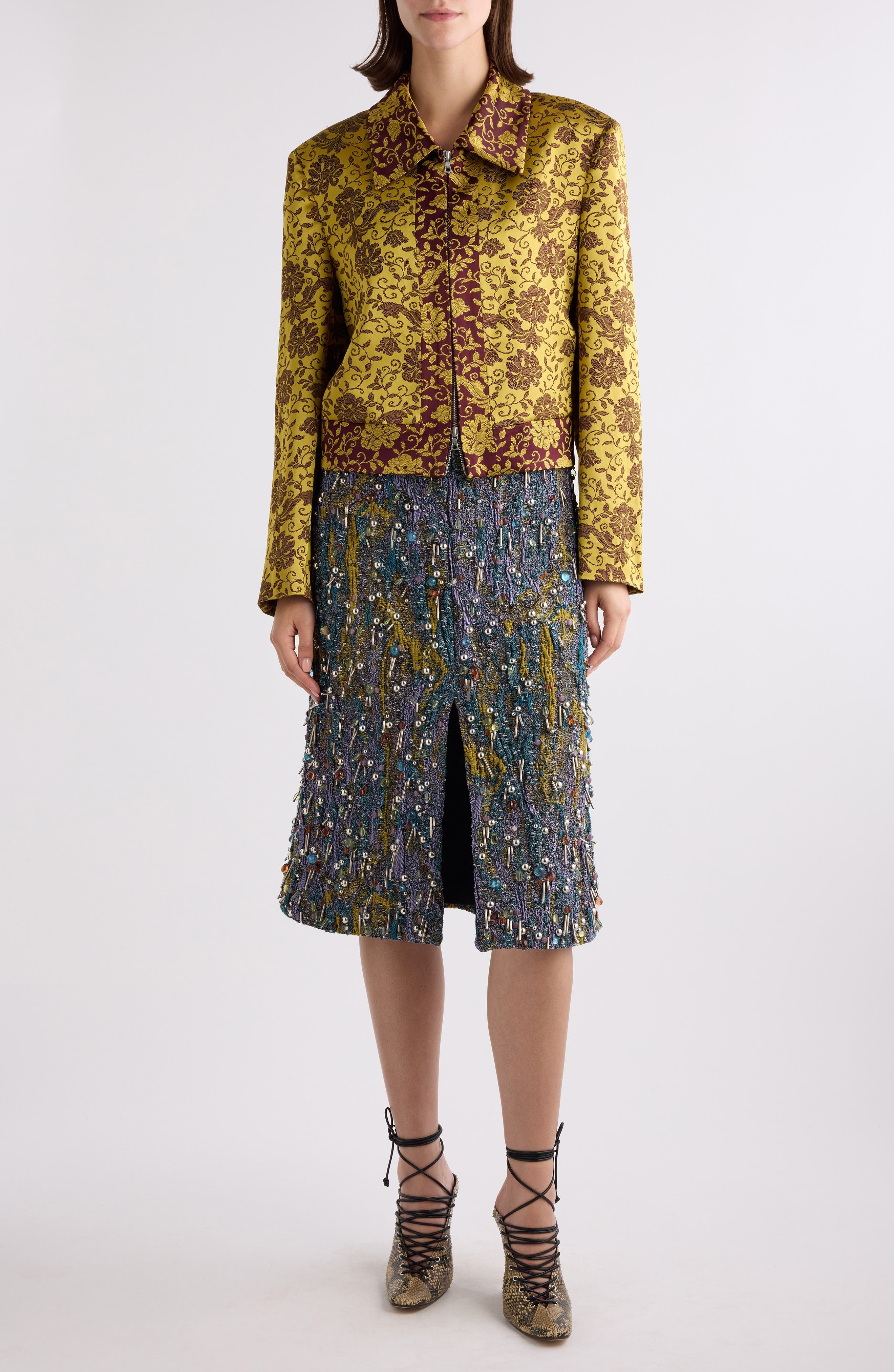 Dries Van Noten Floral Jacquard Crop Satin Jacket in Ocra at Nordstrom - 2
