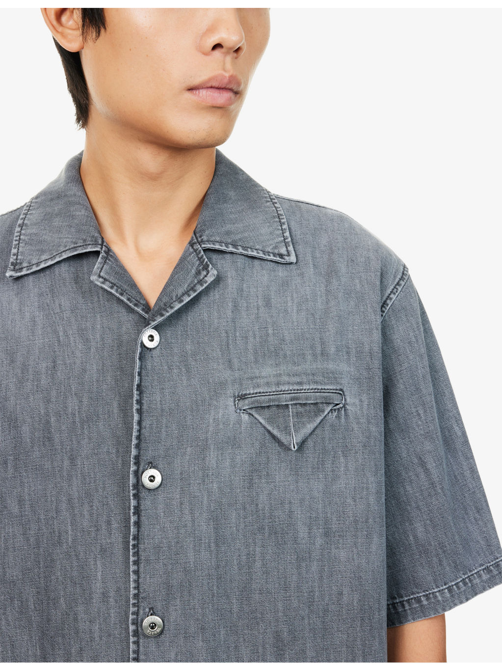 Notched-Collar Short-Sleeves Denim Shirt - 5