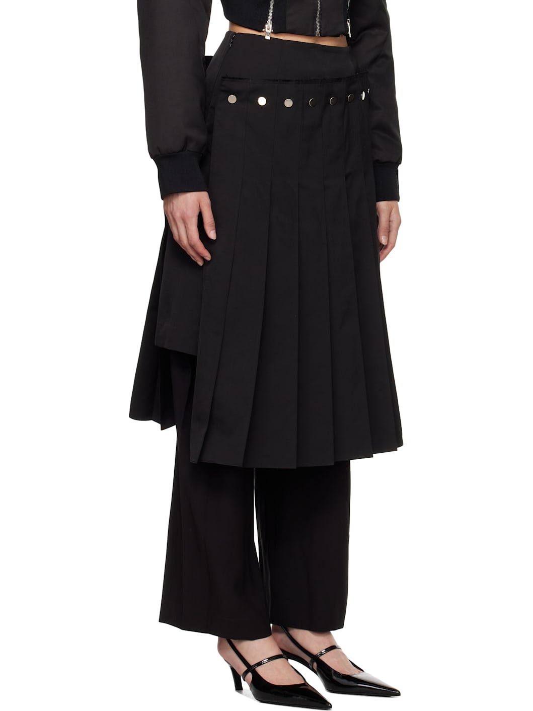 Black Double Layered Pleated Midi Skirt - 2