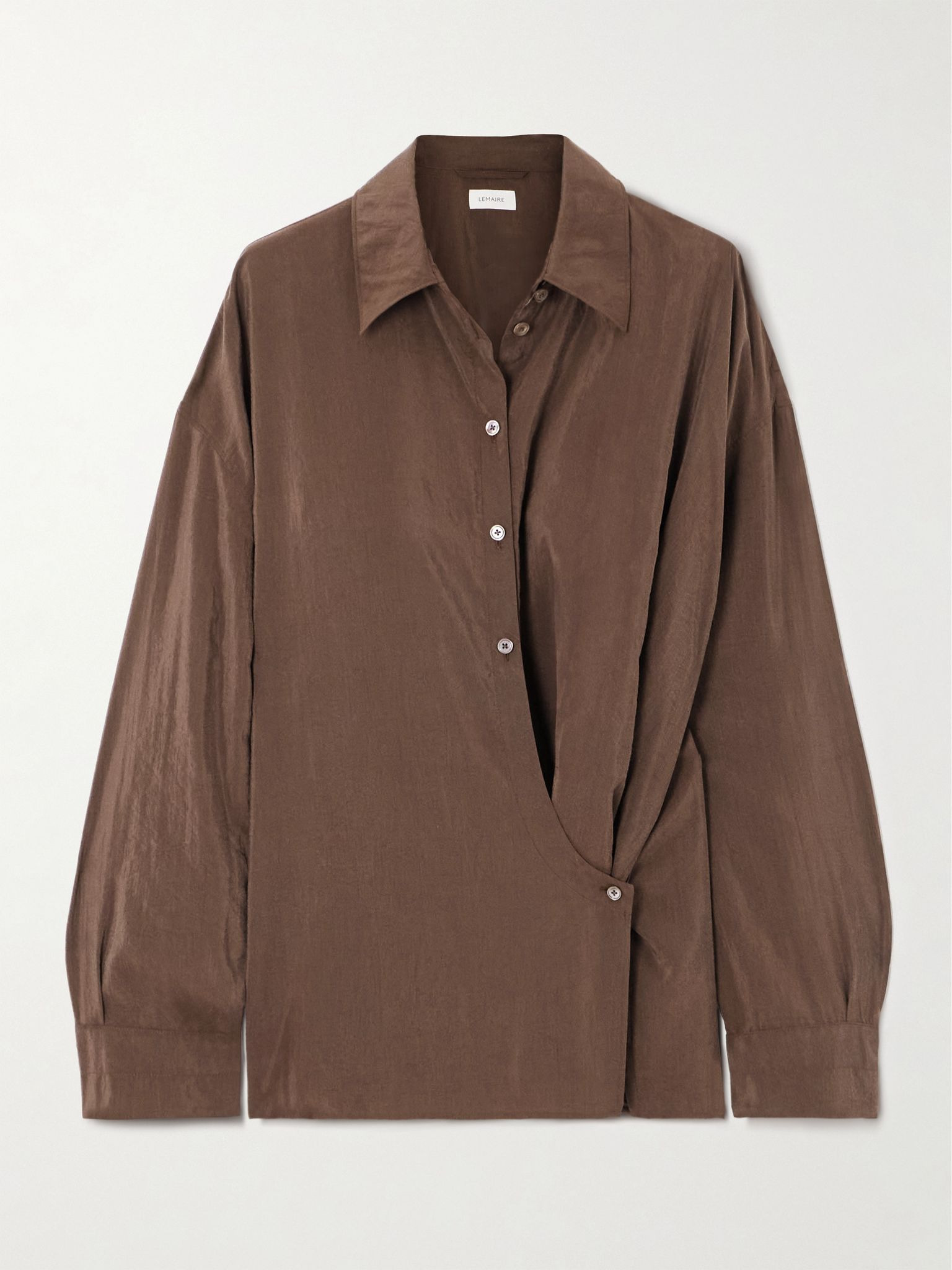 Twisted crinkled silk-blend wrap shirt Brown - 1