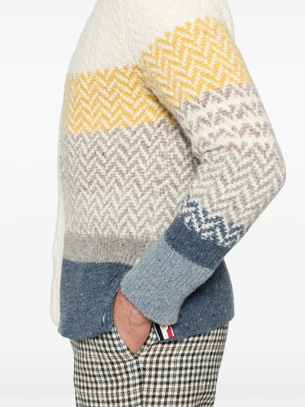 THOM BROWNE - Men Striped Herringbone Jacquard Classic V Neck Knitwear - 4