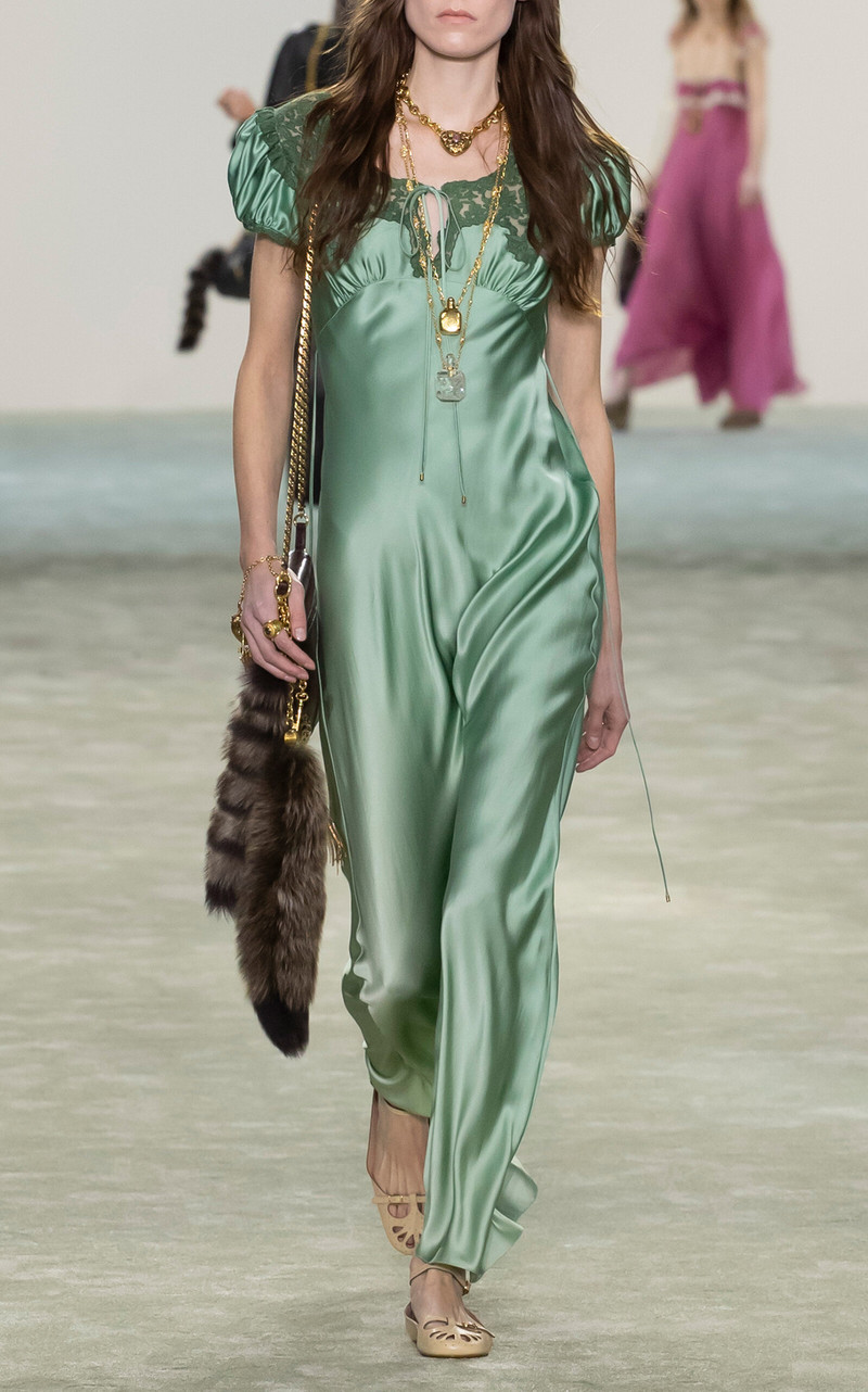 Chloé Lace-Trimmed Silk Satin Maxi Dress green outlook