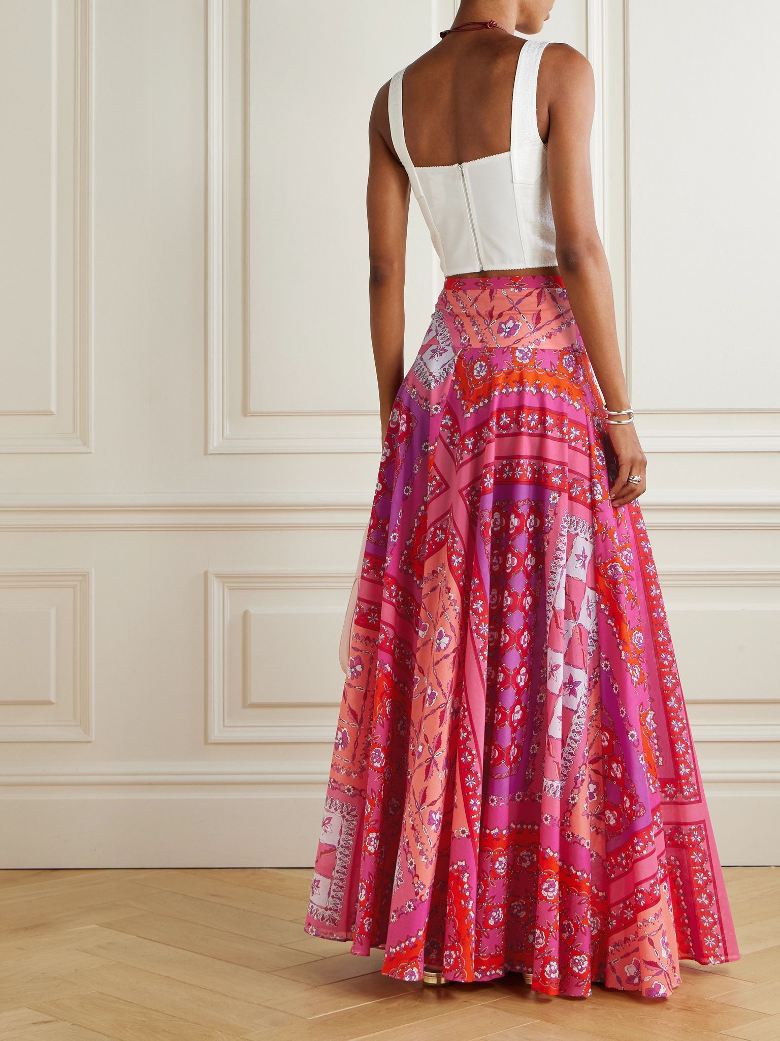 Printed cotton-muslin maxi skirt Fuchsia - 3