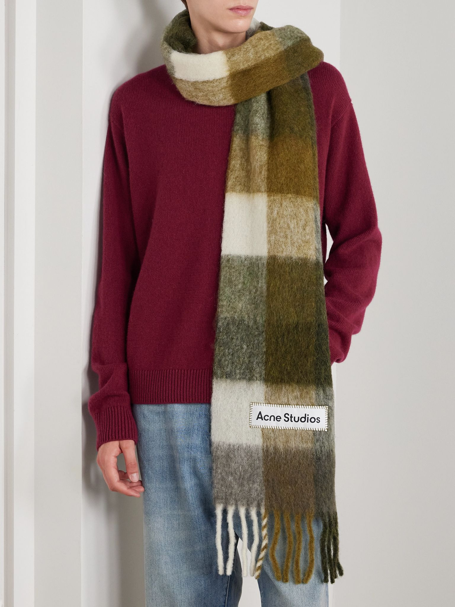 Vally Fringed Checked Knitted Scarf Green - 2