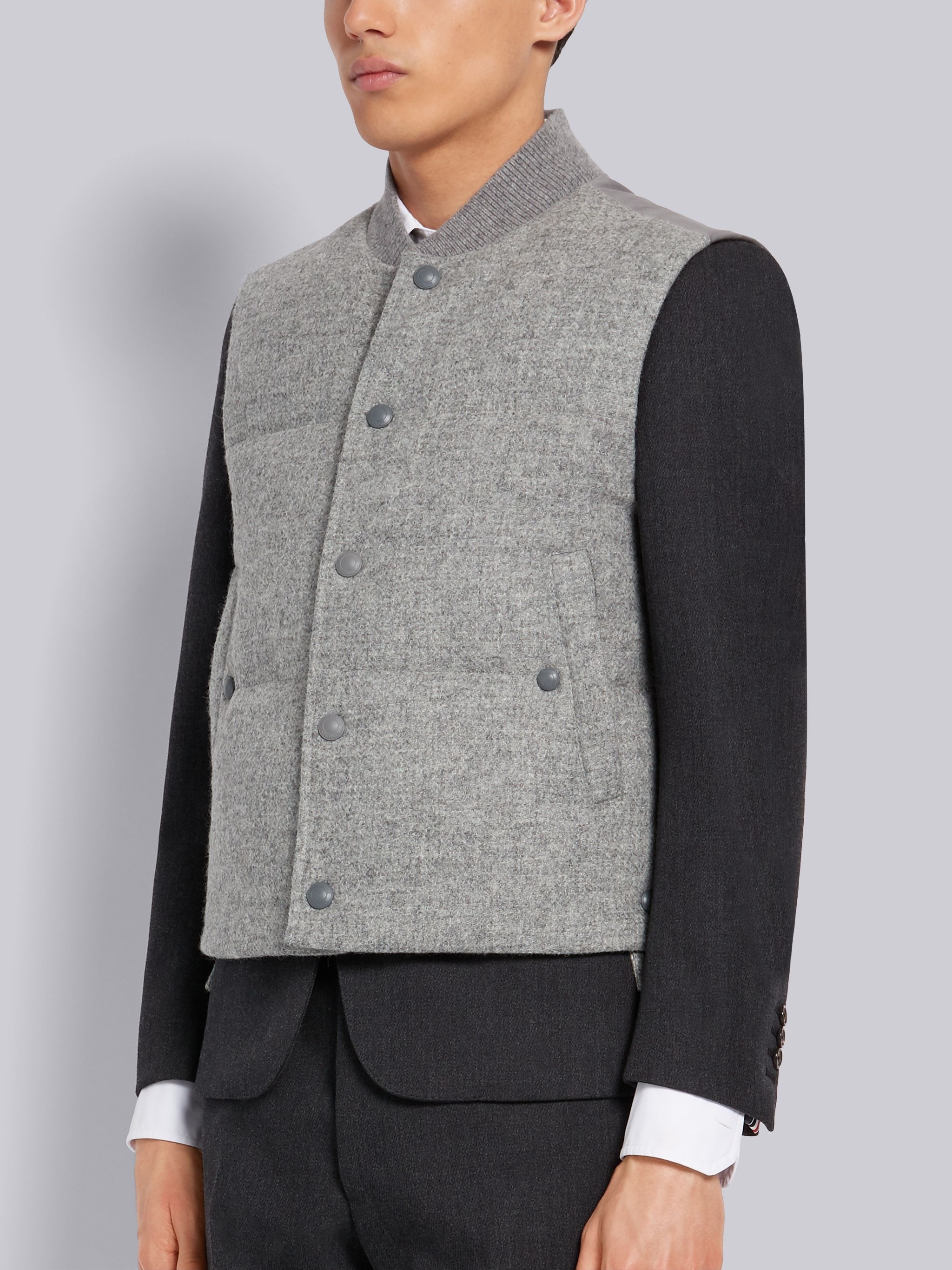 Light Grey Down Filled Shetland Wool Snap Front Vest - 2