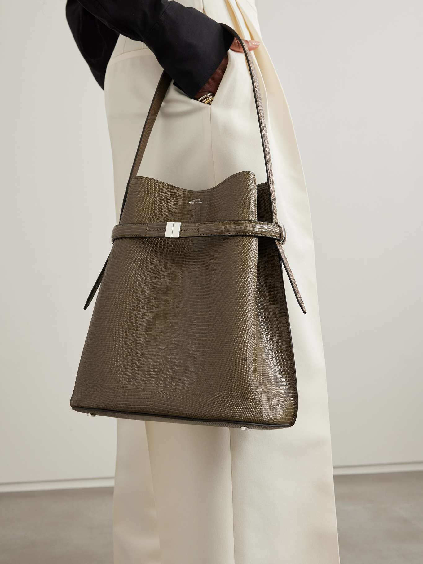 Belted lizard-effect leather tote Dark green - 2