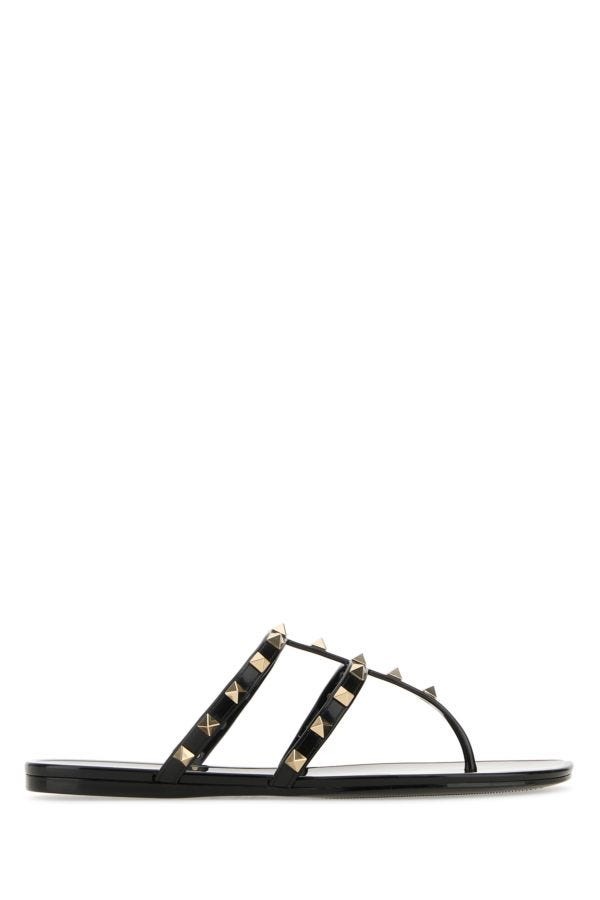 Valentino Garavani Woman Black Leather Rockstud Thong Slippers - 1