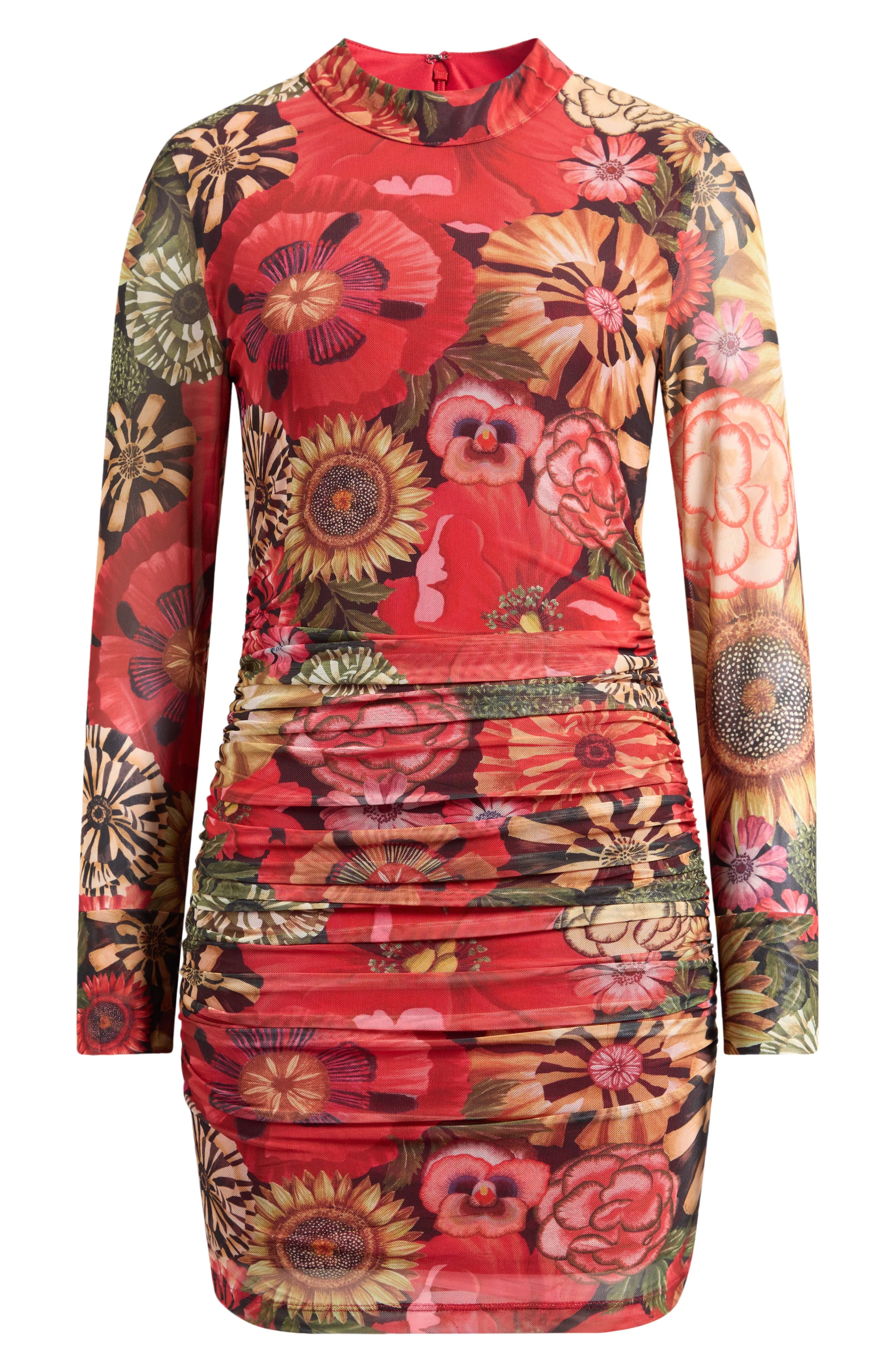 FARM Rio Flowershop Long Sleeve Floral Mesh Minidress in Red Multi at Nordstrom - 1
