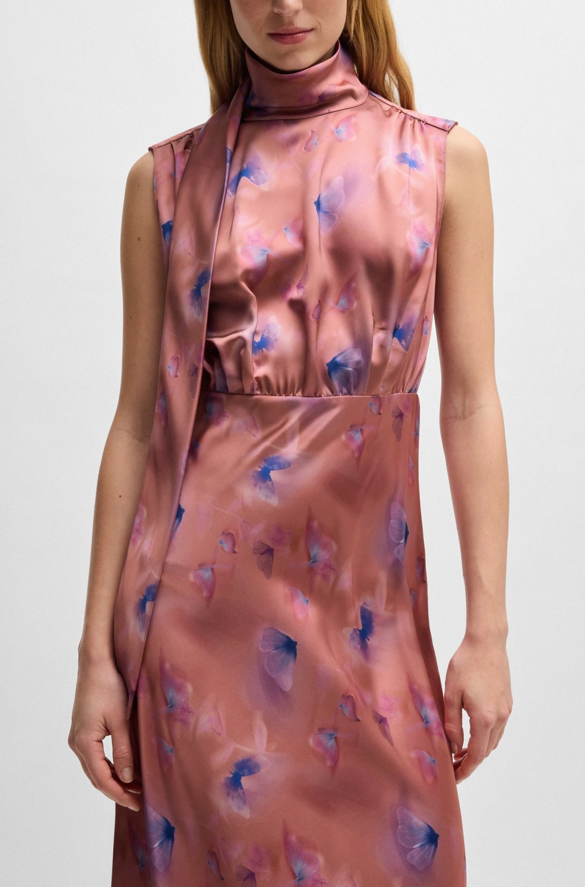 HIGH-NECK BUTTERFLY-PRINT MAXI DRESS IN SOFT SATIN - 6