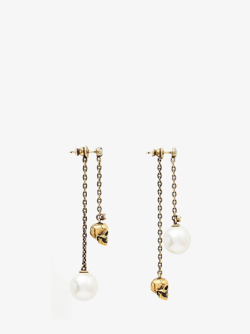 Pearl-like Skull Chain Drop Earring in Antique Gold - 2