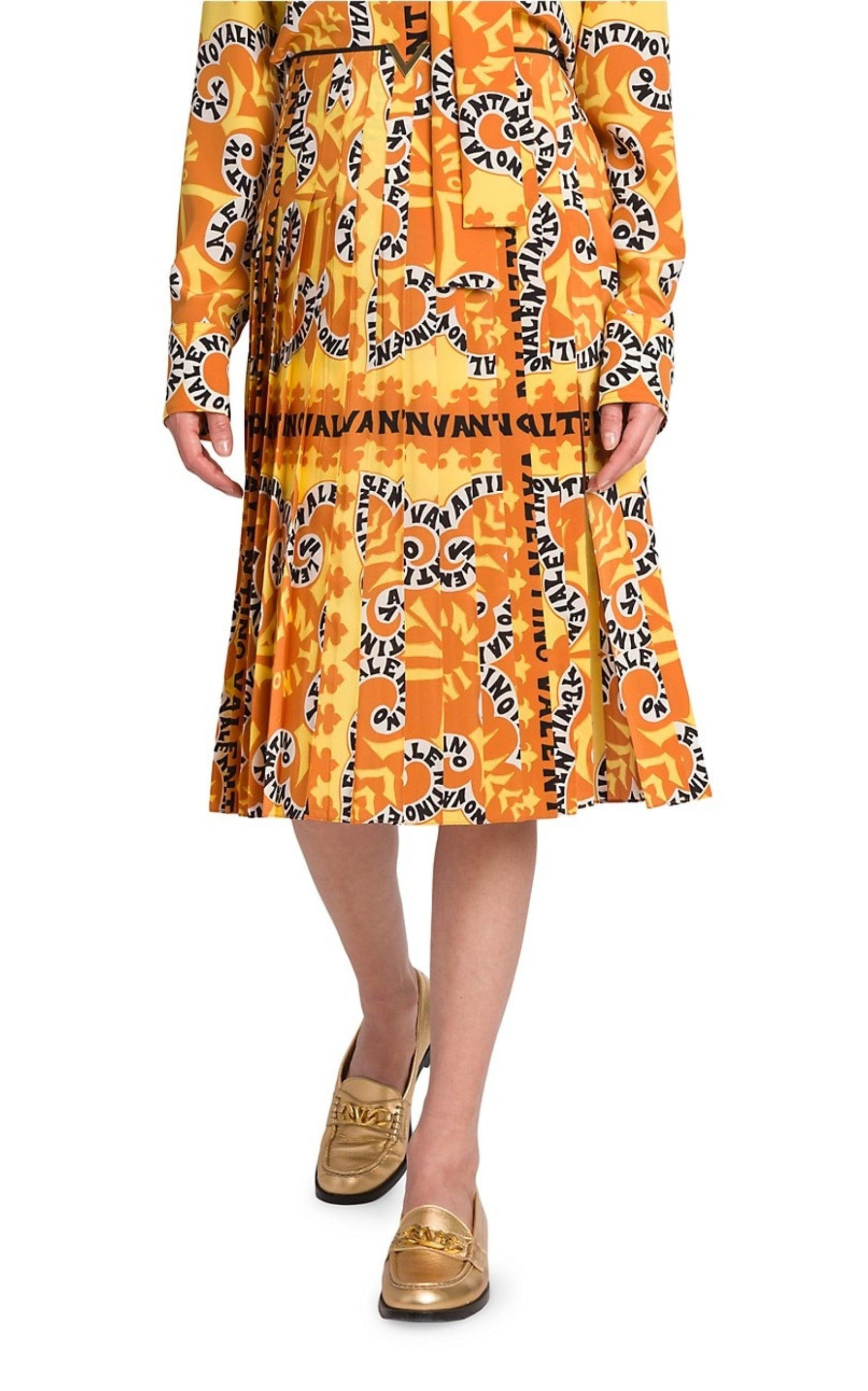 Pleated Logo Print Silk Midi Skirt - 4