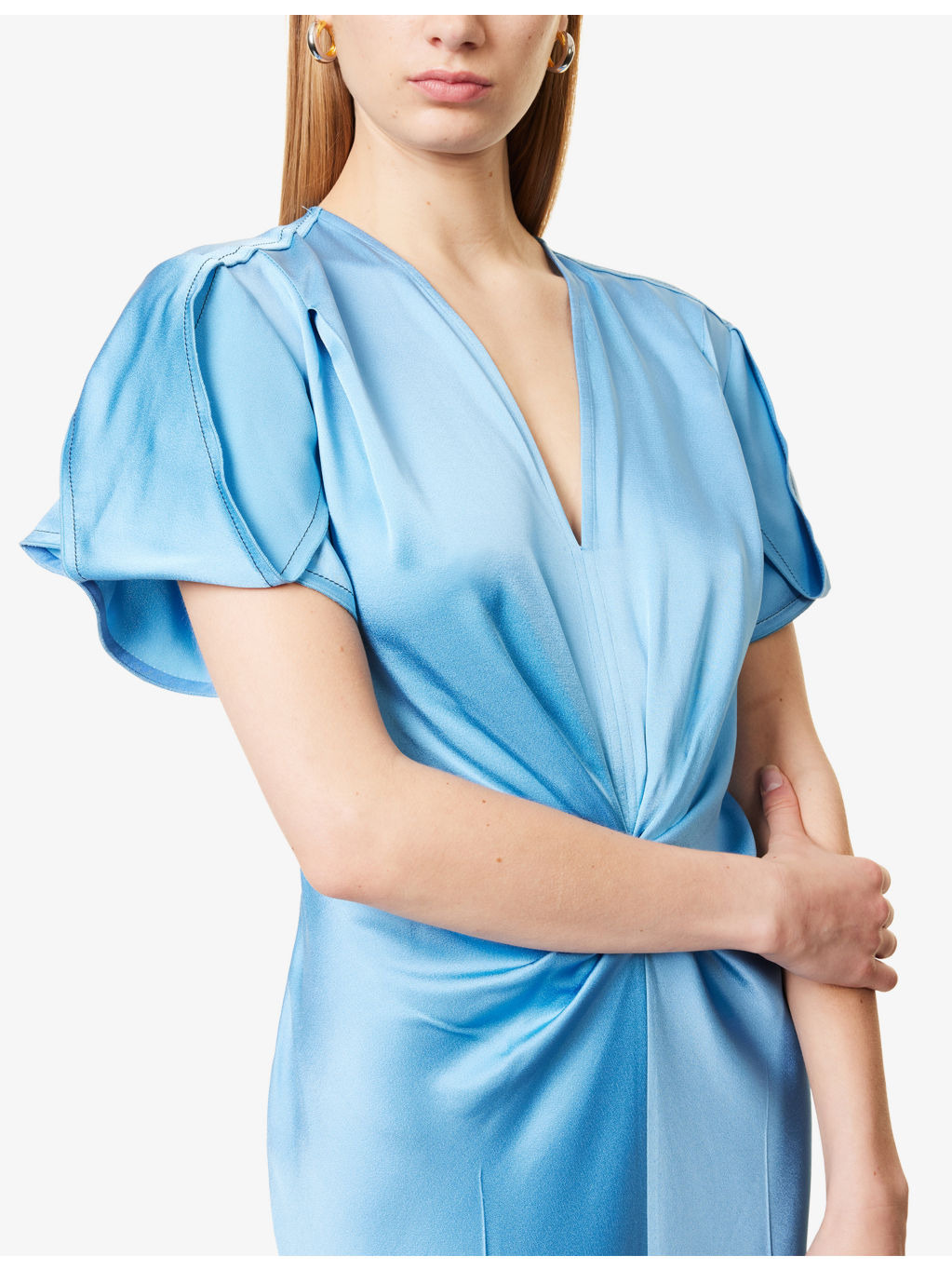 Draped Pleat V-Neck Satin Midi Dress - 5