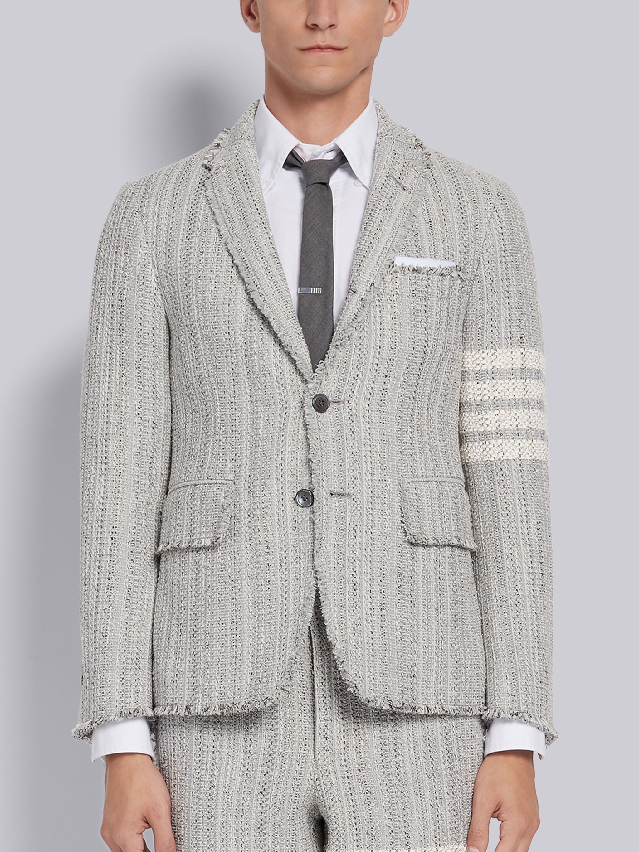 Light Grey Cotton Tweed Fray Edge 4-Bar Classic Unconstructed Jacket - 1