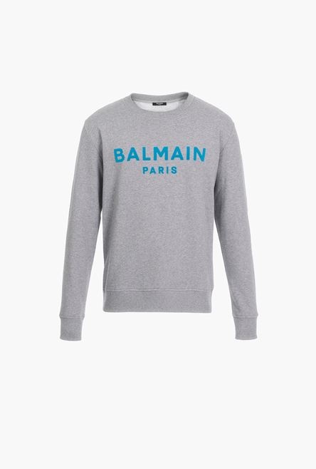 Gray cotton sweatshirt with turquoise velvet Balmain logo - 1