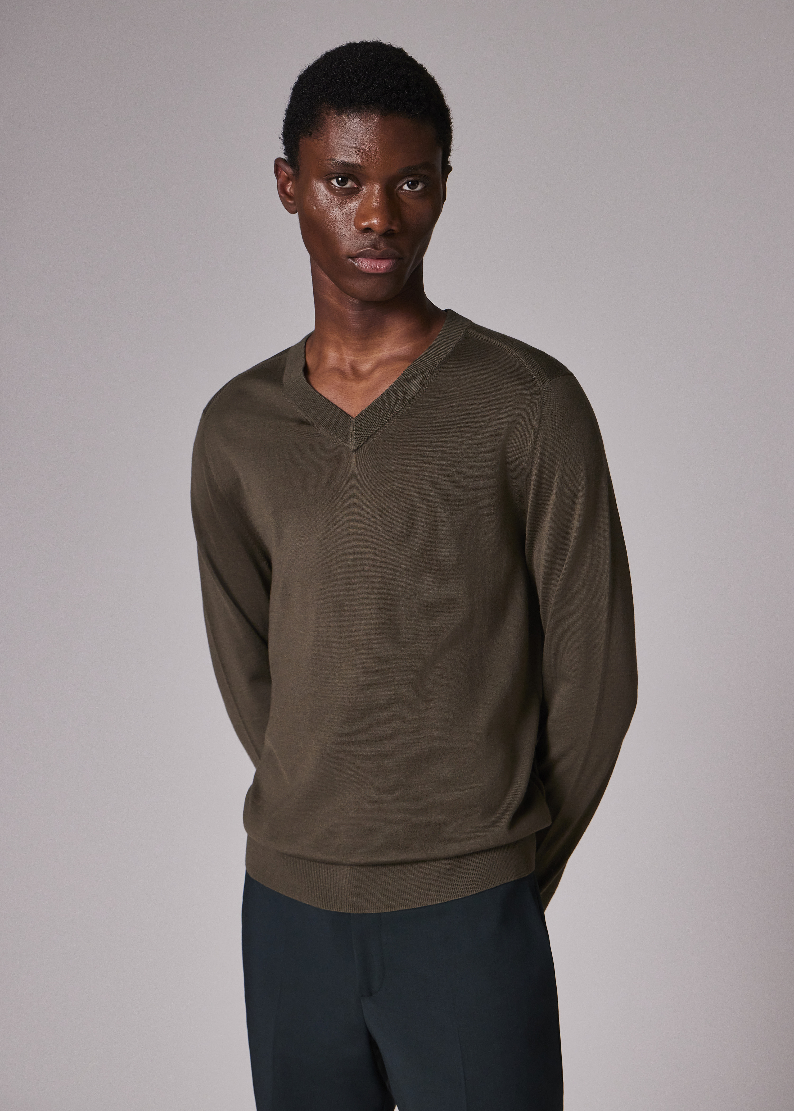 Khaki Merino V-Neck Sweater - 4